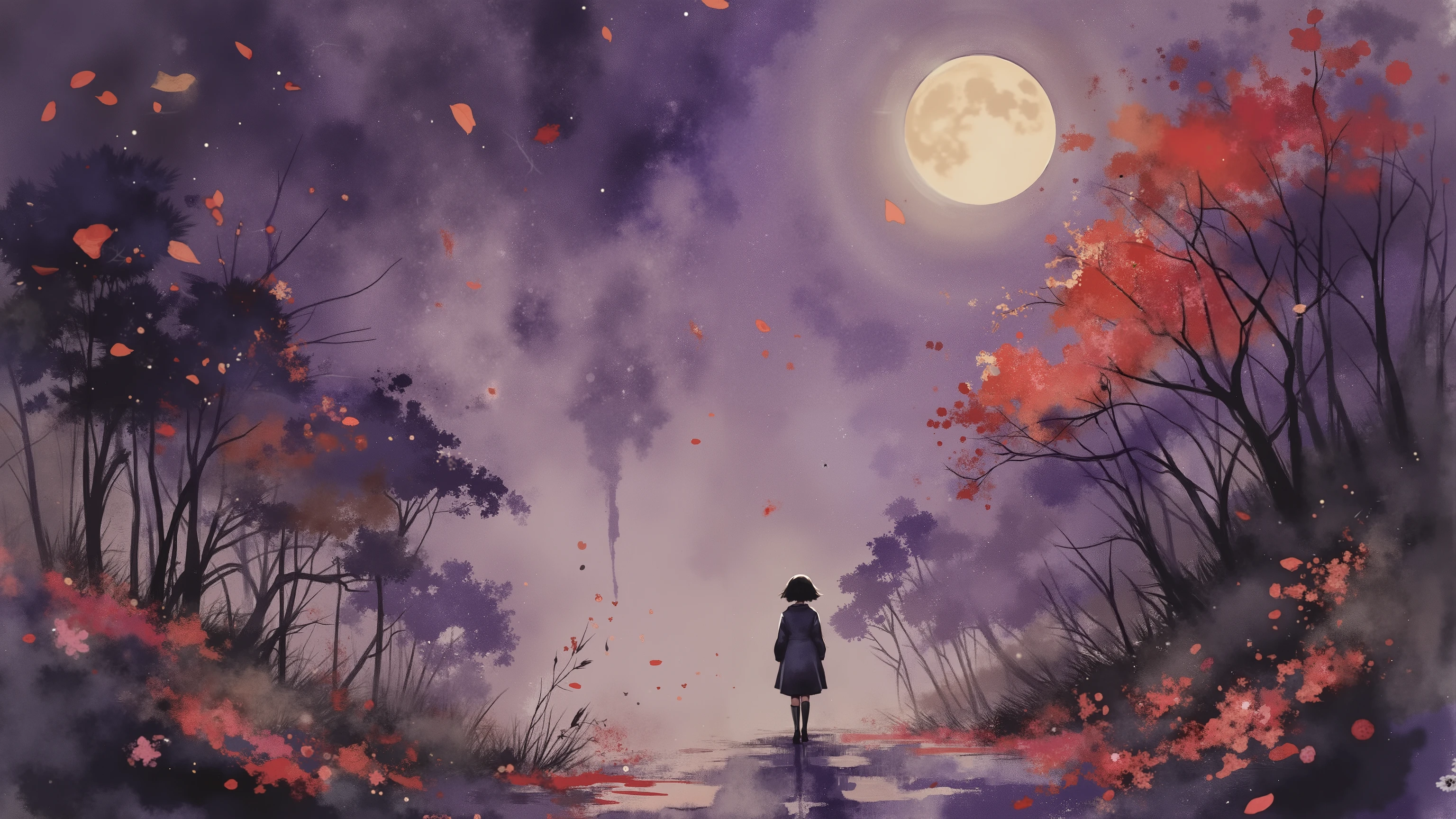 artistic illustration. watercolor, Japanese Sumi-e , Dramatic, Dynamic, vintage, sketch, Fantasy, beautiful, blend, overview, glitch, Fragmented, hopeful, アートシーン
Abstract mystical illustration, dissolving petals in deep violet, fading footprints like white breath, drifting shadows without bodies, soft trembling light, misty moon bleeding into darkness, symbolic sense of lost names and forgotten memories, quiet and haunting beauty