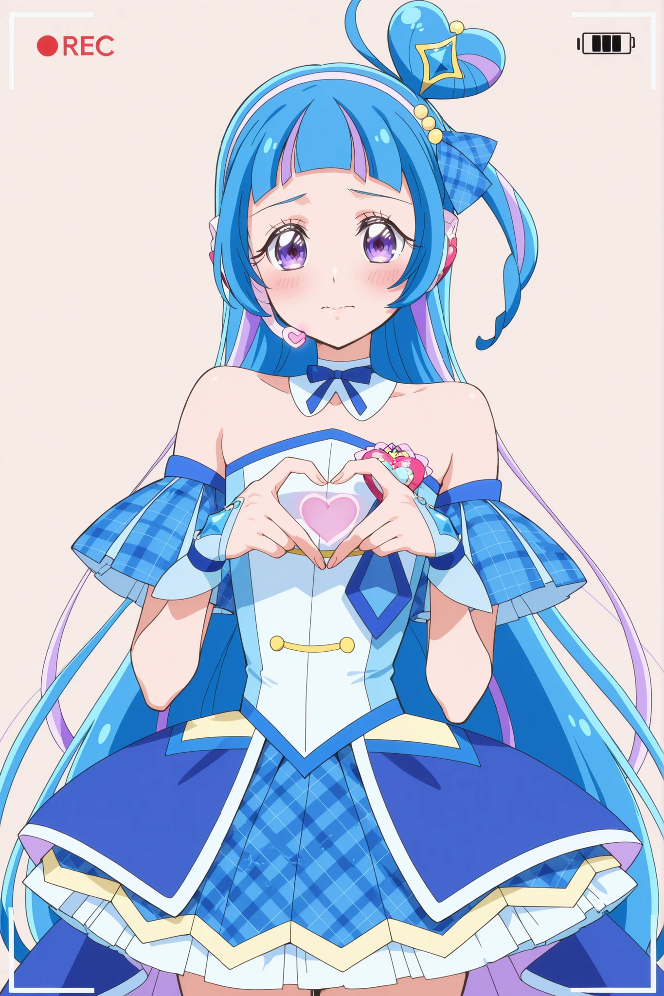 cure wink, kimi to idol precure, blue hair, magical girl, mini crown, purple eyes, blue dress, tilted headwear, very long hair, blunt bangs,  shoulders, hairband, two-tone hair, purple hair, jewelry, idol clothes, masterpiece, best quality, newest, absurdres, anime, source anime, illustration,heart brooch, headset, thigh ,closed mouth, embarrassed face,glossy lips,standing, heart hand, Put your hand on your   ,cowboy shot,from front ,recording studio background 