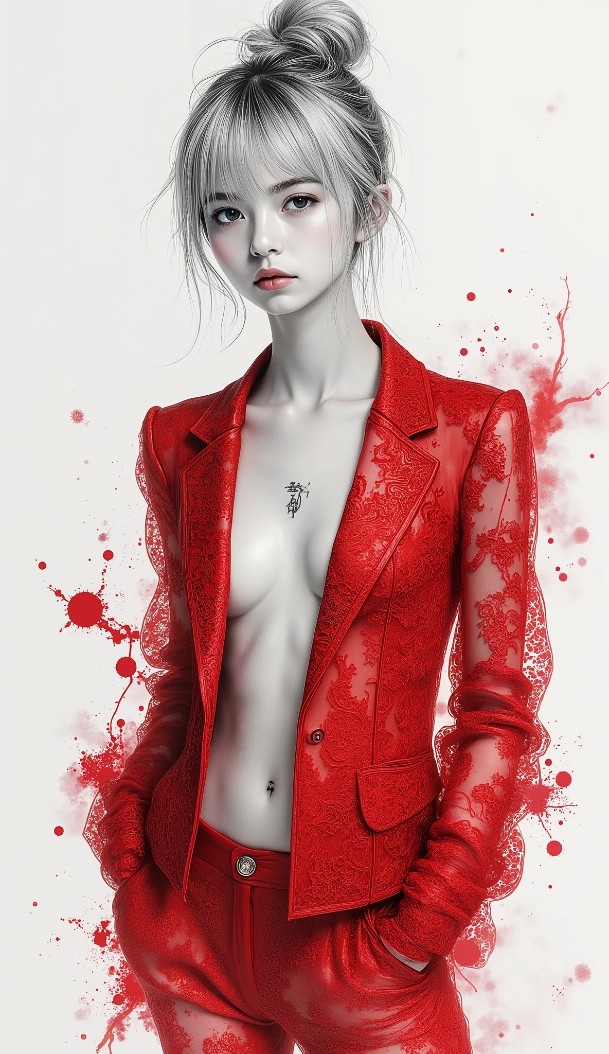 a photorealistic sumi-e illustration with digital illuminate crystal clear ruby oil, monochrome with emphasis on digital illuminate ruby red, stylish angle.
a scrawny petite delicate thin 14yo slim girl wearing an abstract red super sheer lacy tailored jacket on no clothes, with crotch tattoo, with an unbuttoned low-rise slacks of super sheer lace. which jacket and unbuttoned low-rise slacks are made of digital illuminate crystal clear ruby oil. which ruby oil is abstract haze yet elaborate sheer lacy liquid, elegant yet digital, chaos construction yet geometric fractal. she strikes stylish model pose with her hands in pockets.
she is pale silver hair, hair bun, no makeup, pale fairy skin, super slim, skinny lower abdomen.
She who drawn in sumi-e rendered in fluid sumi-e brushstrokes with dense black like the abyss washes bleeding into translucent grays. the form elongates in dynamic sweeps across a void background.
a contrast between monochrome sumi-e and the digital illuminate ruby red is an impressive accent. this is ethereal, picturesque, photorealistic, artistic, poetic, dreamy, ephemeral, spiritual, mysterious, mystical, artisanal, alluring, vixenish. stunning light expression, hyper photorealism, Highest resolution, innocence, neat and clean, masterpiece.