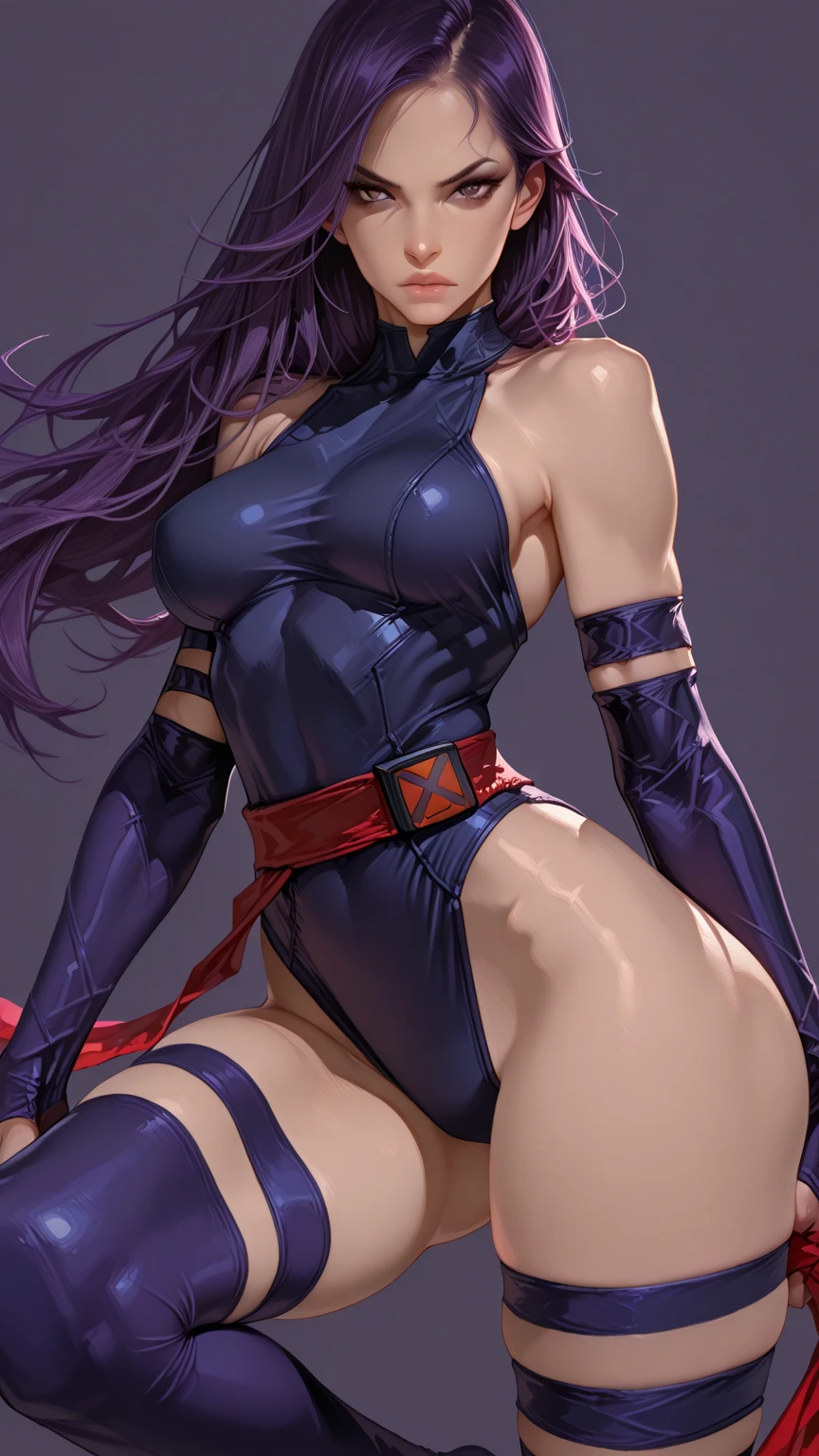 Psylocke, with  and long beautiful legs, is blushing and standing with her legs spread to the sides, eyes slightly open, and mouth open.。