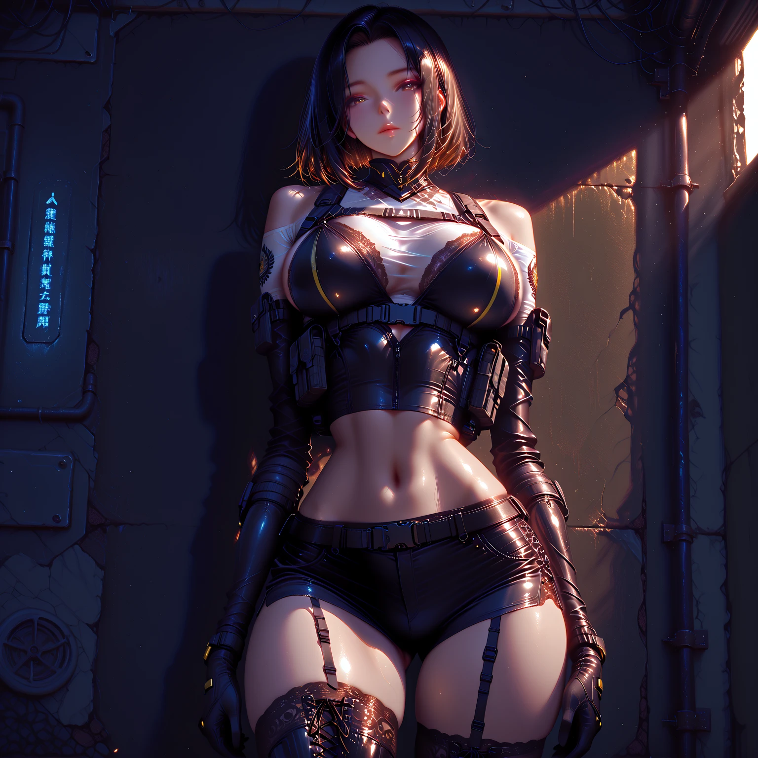 a futuristic warrior woman holding a katana, (finely detailed skin), pale skin, (with a deep neckline, a ???? and highly detailed black futuristic cyberpunk crop top and circuit board panties, glowing Japanese text, beautiful epic composition, futuristic, masterpiece, attractive, posing for a photo)
