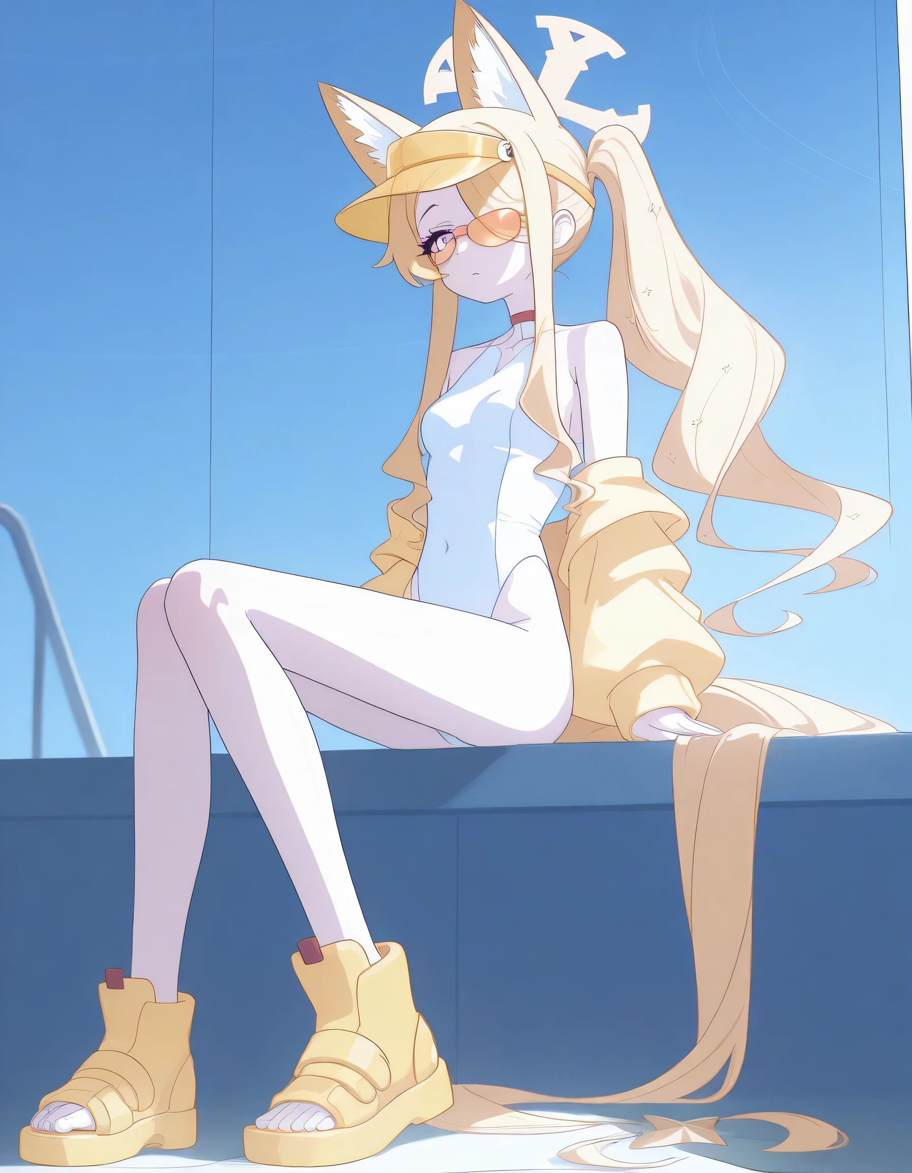 masterpiece, ultra-HD, impressionism, high detail, best quality, very aesthetic, 8k, best quality, beautiful, tmchng, anime coloring , Seia swimsuit (Blue Archive) , eyelashes, long sidelocks blonde hair , purple eyes, sidelocks , hair over one eye , tail , fox ear, halo, small , shoulders, collarbone , collar, choker, open yellow jacket , white one-piece swimsuit , highleg swimsuit , yellow visor cap , orange-tinted eyewear, tinted eyewear , sunglasses , long legs , yellow sandals , full body