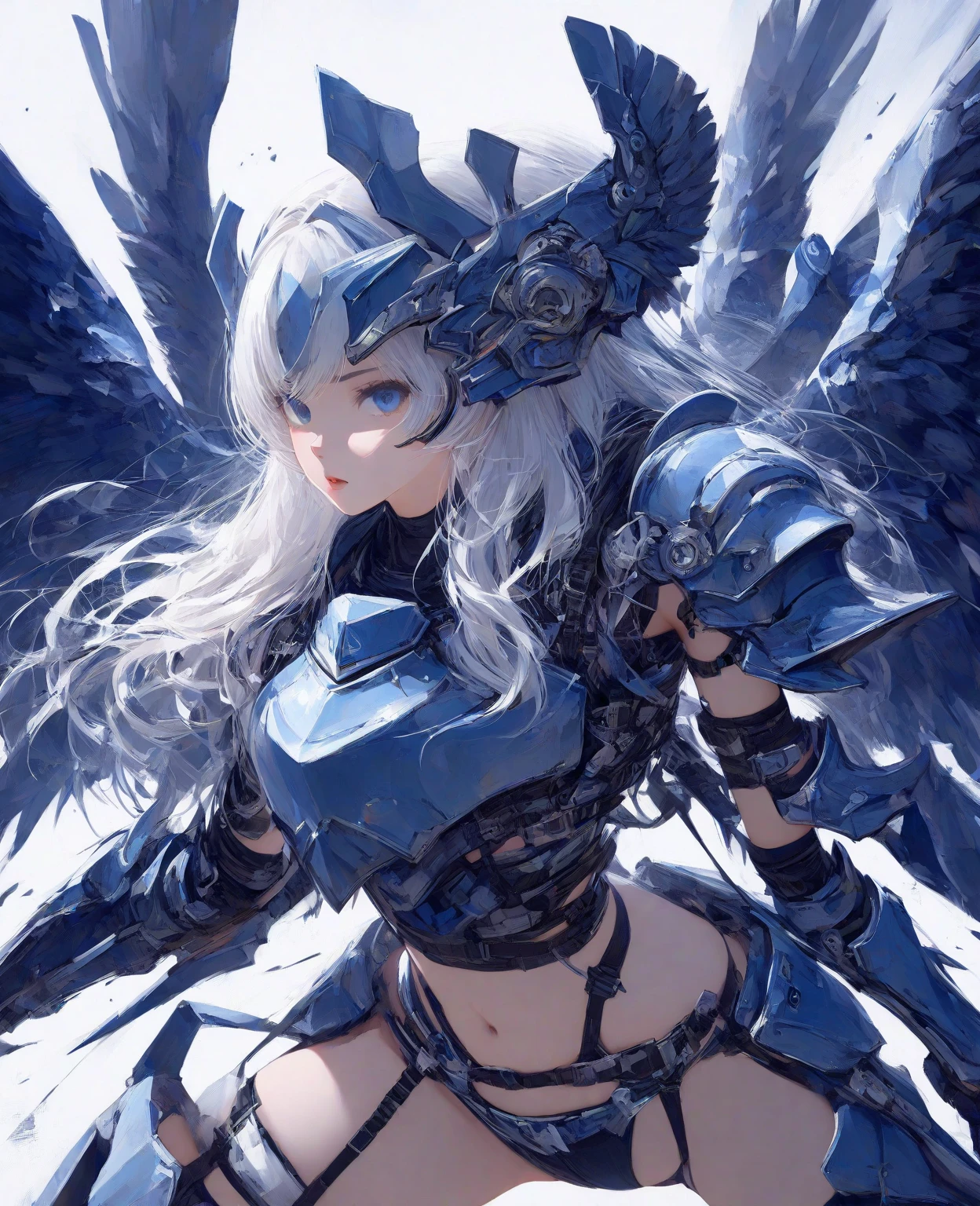 (masterpiece、 Highest quality, wonderful, Very detailedティッカーユニティ、8k wallpaper, Written boundary depth, Ultra-fine Illustration:1.5)、。.。.。.。.3d, Very detailed, (Esbian all over、Mecha Elf Girl:1.3), Sci-Fi Battlefield, Hawken, A shy smile, Open your mouth、Short Ponytail, (Grey-haired blonde, Deep blue eyes:1.2), Sparkling eyes, Embarrassingly cute face, cute, Big Breasts, Delicate hair, Messy Hair, (((Fly high))、Wide blue sky, White cloud), Shiny Hair, Shiny skin, (Symmetrical mechanical winetallic colored mechanical wings that are widely expanded to the left and right so that they protrude wonderfully from the screen, bite, White hair ornament), (Particles of light, Cinema Lighting: 1.3), (Pale pink lips: 0.8), yusuke murata.