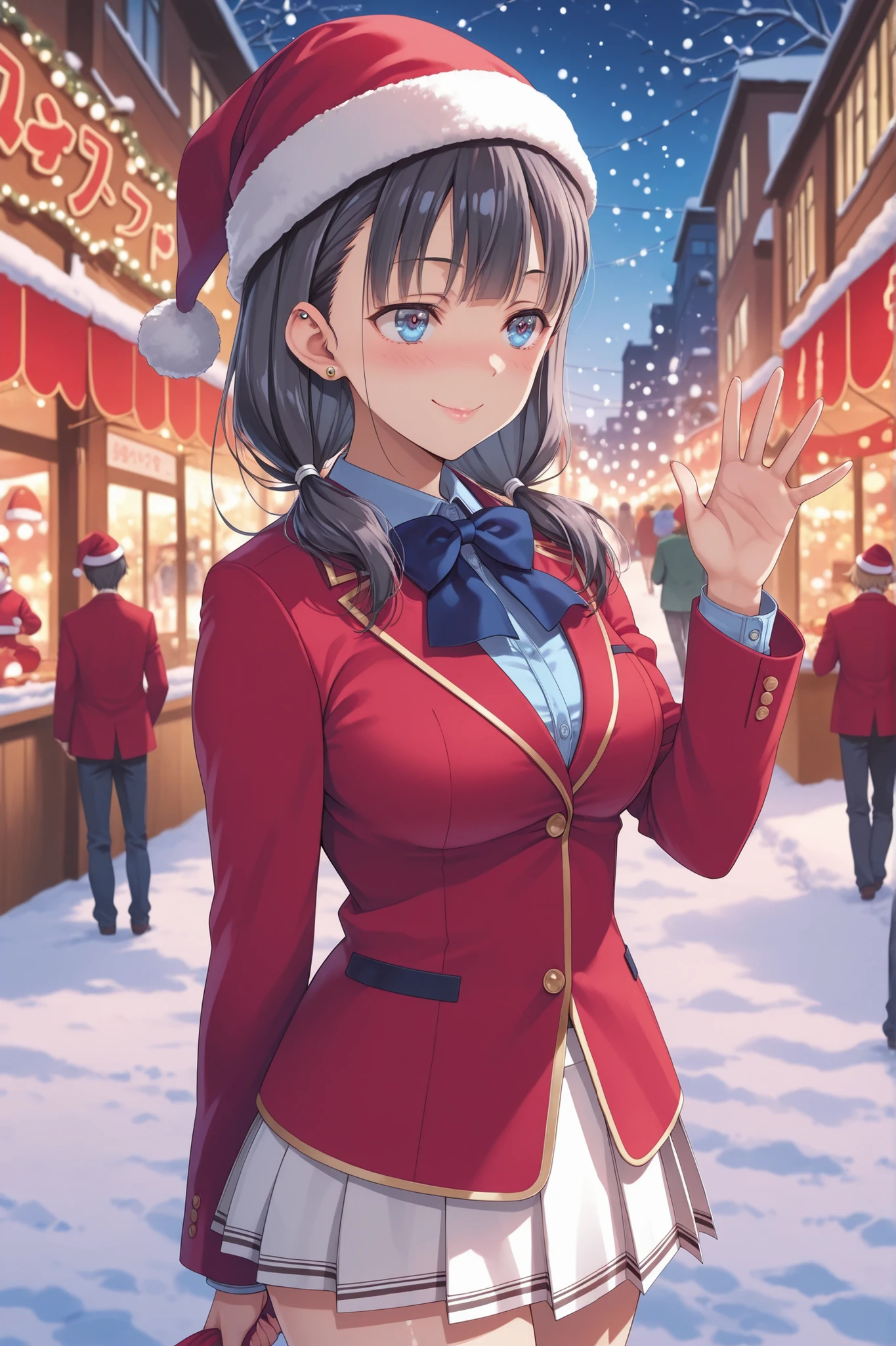 score_9, score_8_up, score_7_up, score_6_up, score_5_up, score_4_up, rating_questionable , source_anime, digital illustration, official art, 1girl saki yamashita, medium hair, blue eyes black hair, school unifrom, red blazer,closed blazer, blue bowtie, white skirt, pleated skirt, closed mouth ,blushing ,ear ring  ,thigh ,glossy lips,large , santa hat ,smile, winter festival city, outdoor, standing, waving , cowboy shot  ,glossy lips 