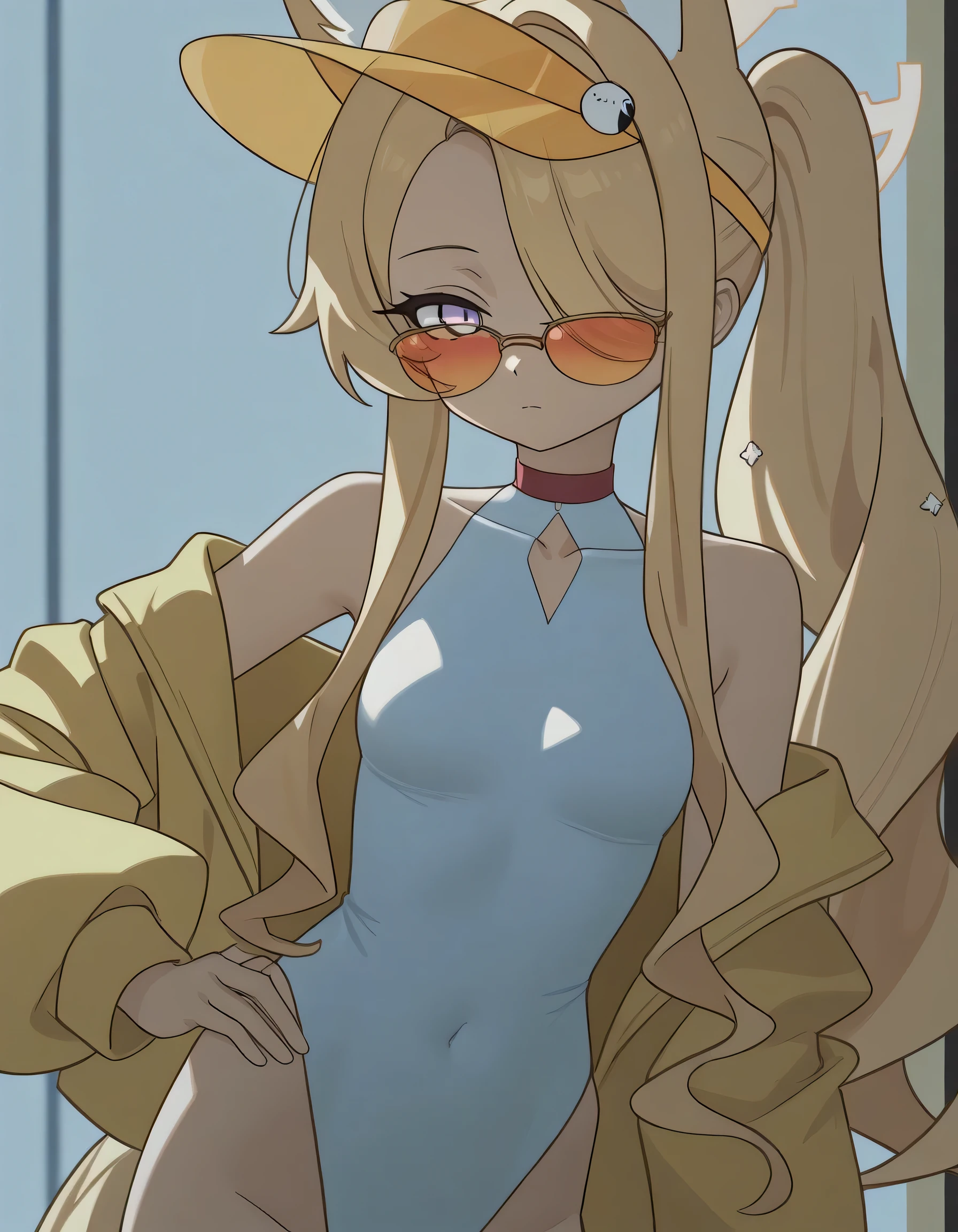 masterpiece, ultra-HD, impressionism, high detail, best quality, very aesthetic, 8k, best quality, beautiful, tmchng, anime coloring , Seia swimsuit (Blue Archive) , eyelashes, long sidelocks blonde hair , purple eyes, sidelocks , hair over one eye , tail , fox ear, halo, small , shoulders, collarbone , collar, choker, open yellow jacket , white one-piece swimsuit , highleg swimsuit , yellow visor cap , orange-tinted eyewear, tinted eyewear , sunglasses , hand on hip , stance