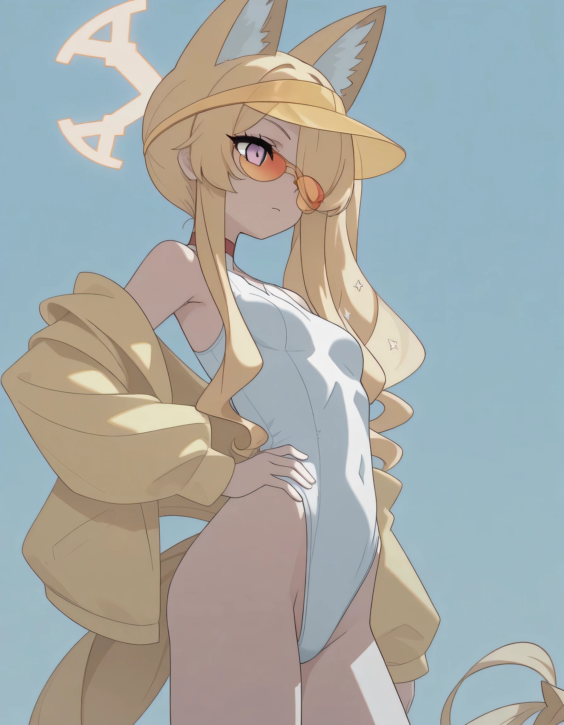 masterpiece, ultra-HD, impressionism, high detail, best quality, very aesthetic, 8k, best quality, beautiful, tmchng, anime coloring , Seia swimsuit (Blue Archive) , eyelashes, long sidelocks blonde hair , purple eyes, sidelocks , hair over one eye , tail , fox ear, halo, small , shoulders, collarbone , collar, choker, open yellow jacket , white one-piece swimsuit , highleg swimsuit , yellow visor cap , orange-tinted eyewear, tinted eyewear , sunglasses , hand on hip , stance , from below
