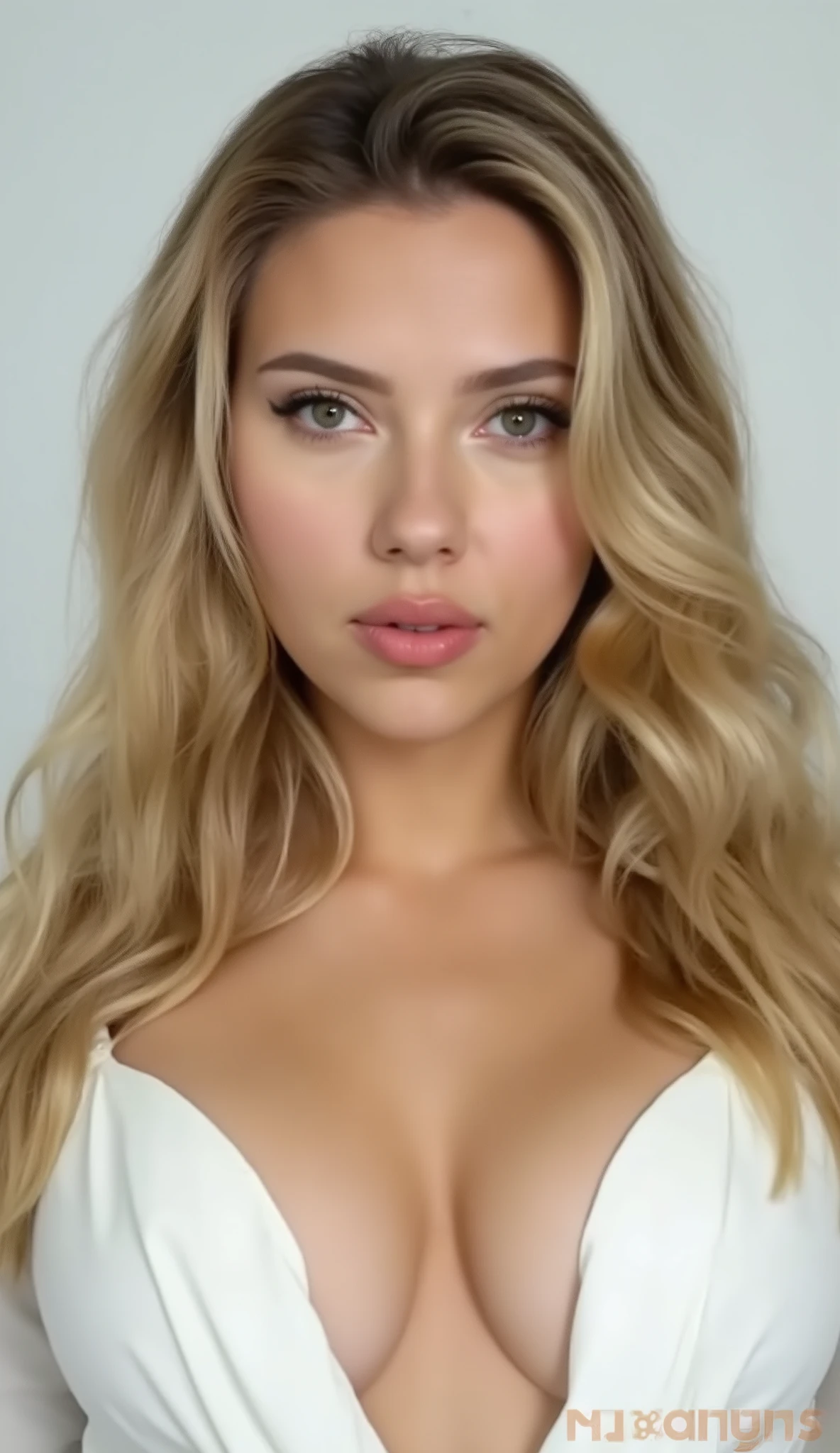 A young woman with long , The wavy blonde hair looks at the viewer from a low angle perspective. O rosto dela, Framed by Her Hair, presents light makeup with visible lashes and slightly separated pink lips. She is wearing a white blouse or sweater with thin straps, that reveals a significant part of her . The lighting from above highlights her features and the soft texture of her skin. The background is a plain, parede de cor clara, creating a simple and organized environment. A watermark, "FITYOURTOYS," is visible in the lower right corner. riding