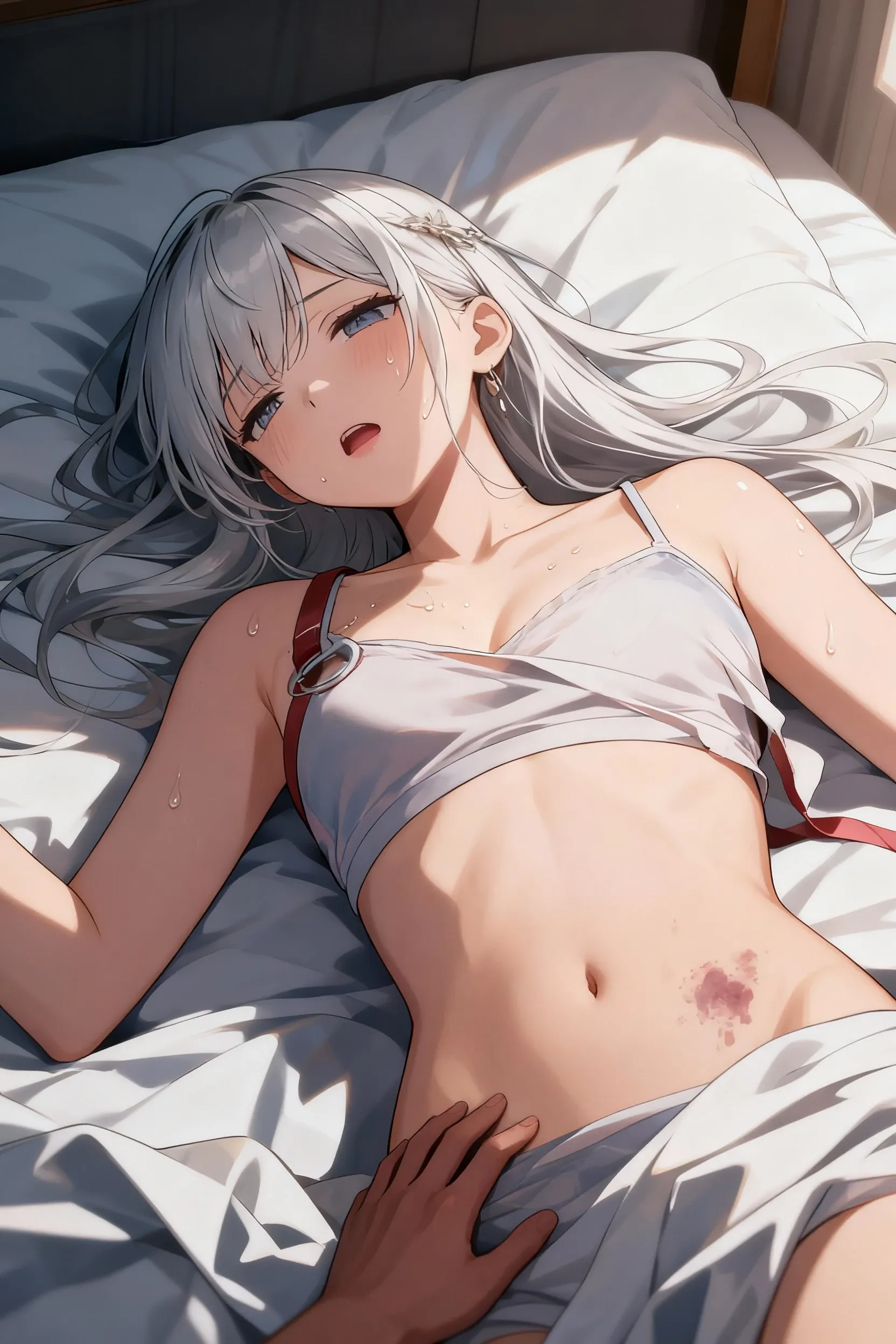 A girl, junior high school, no panties, no bra, , white hair, sleep, with friends, small  