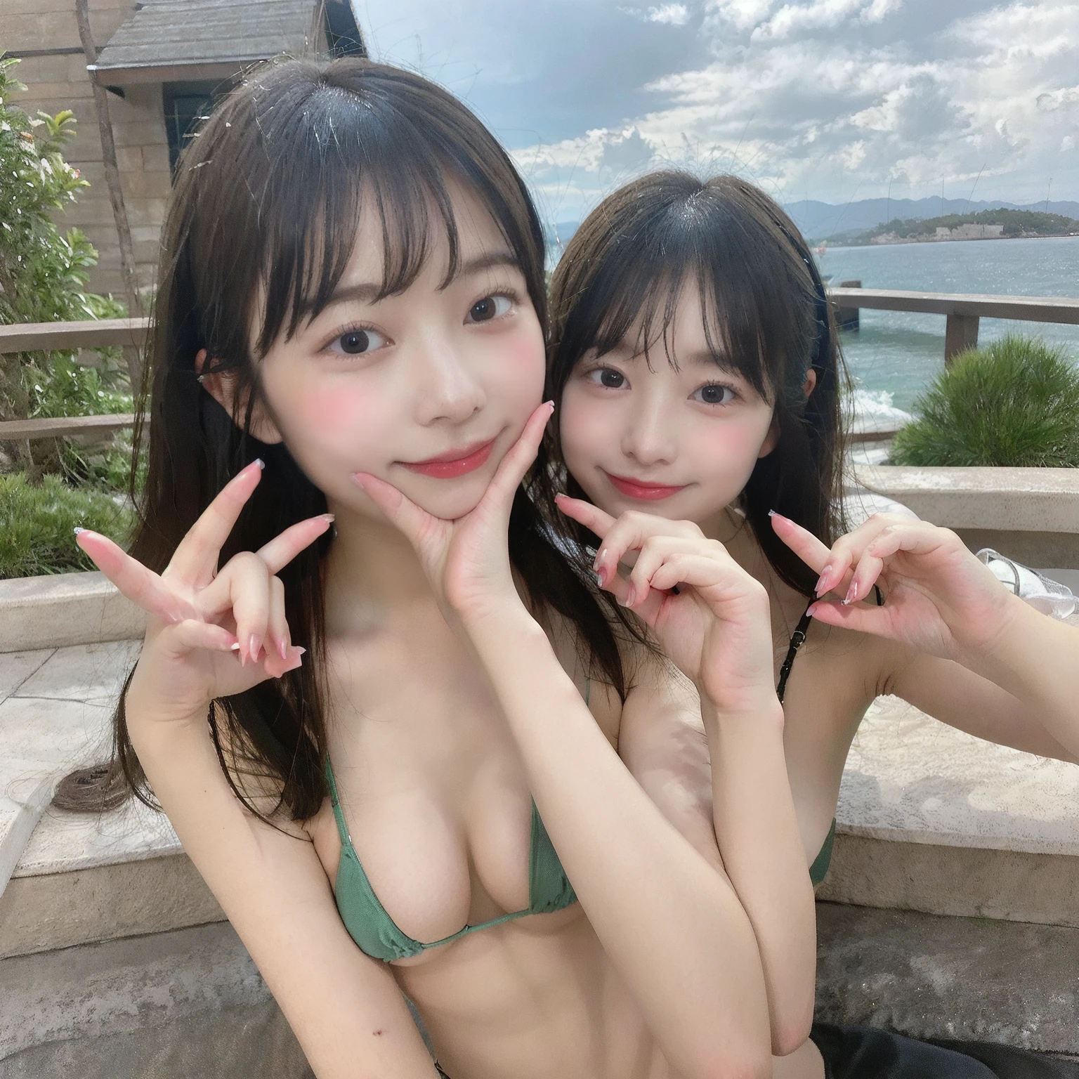 ((((????))))、2 girls in、Two people side by side、facing the front there、sitted、Leaning against、(((with spreading legs)))、I don't wear clothes、clean 、Clean ???????、toppless、Beautiful ???????、masutepiece, Best Quality, length hair、Illustration, Ultra-detailed, finely detail, hight resolution, 8K Wallpaper, Perfect dynamic composition, Beautiful detailed eyes, Short bob hair,Small ??????? natural color lip, Bold ???? poses,Smile,Shibuya、17 years old girl、Cute、Subject looking at ???? pose on camera、the beach、