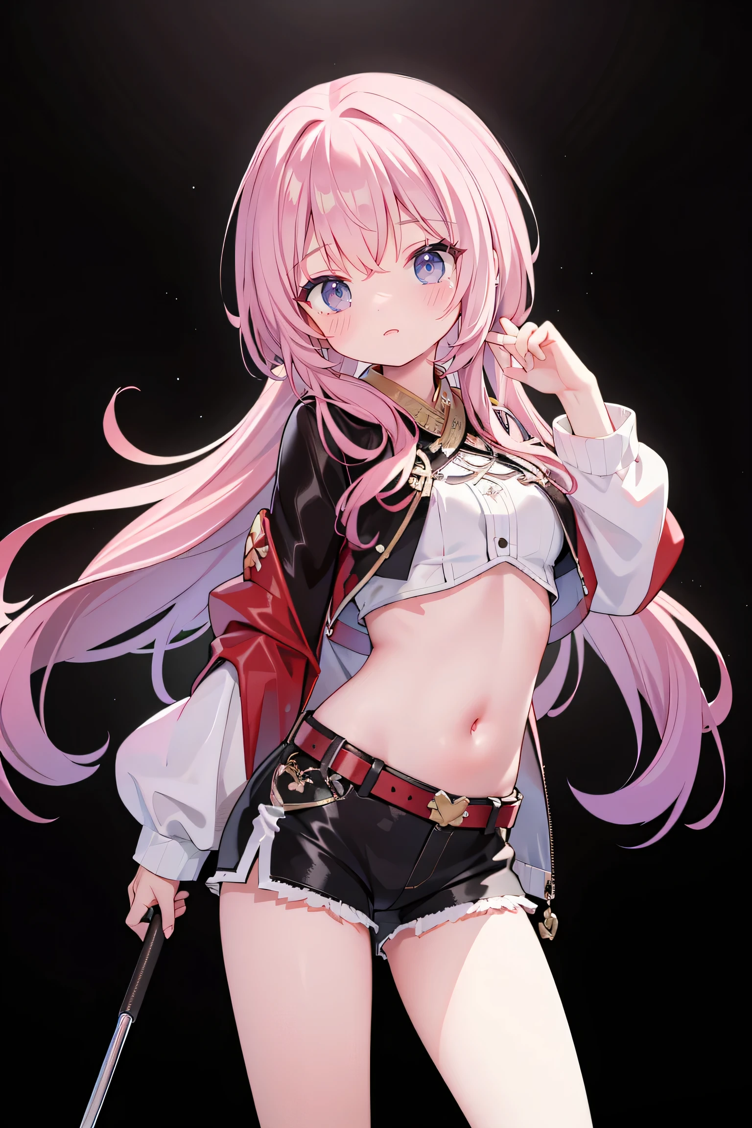 best quality ，Ultradetailliert ， nice face ， Meisterwerk、 Meisterwerk, erstklassig, 
Meisterwerk, best quality, amazing quality, (genauer Stil), (detailed face), Genaues Gesicht, Treffende Augen, genaue Farben, detaillierte Augen, Rum1KP0P, lange lila Haare, only 1 very long purple braided braid,Pony, braune Augen,  1 girl, Allein, 3d, Gelbe Jacke, Cropped Jacke, schwarze Shorts, Bauch, red belt, white crop top, Schmuck, Stiefel, holds golf clubs in her right hand,spielt Golf, dynamische pose, dramatic perspective, Cowboy-Schuss, Hellblaues Crop-Top, on stage, Publikum, Betrachter ansehen, very sweet smiling,looks directly at the Netrachter, happy smile, Elegant,  very thin legs, dark background narrow  , schmale Beine, , extremely detailed,  best quality ，Ultradetailliert ， nice face ， Meisterwerk、 Meisterwerk, erstklassig, 1 girl in, best quality , 1 girl dark background