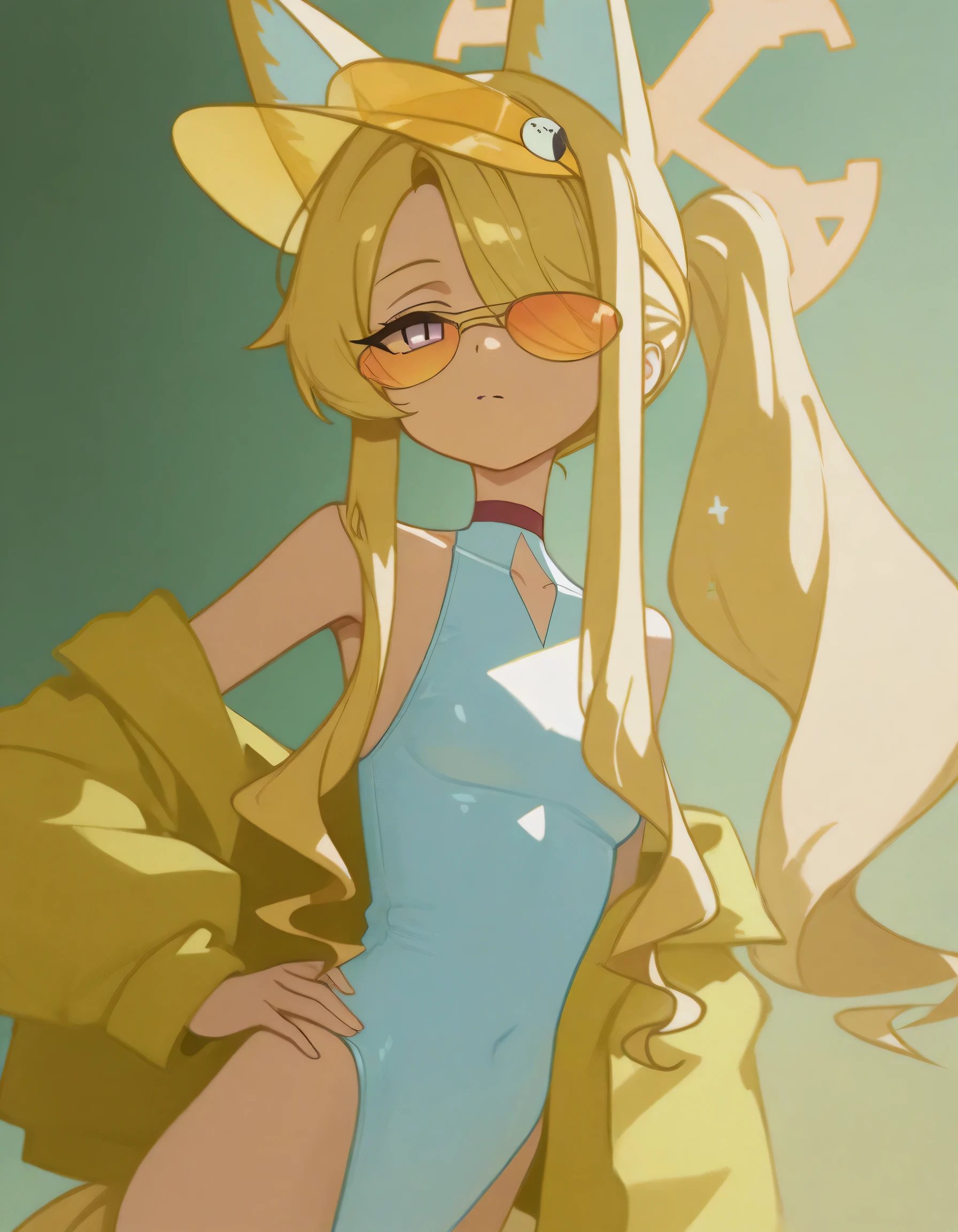 masterpiece, ultra-HD, impressionism, high detail, best quality, very aesthetic, 8k, best quality, beautiful, tmchng, anime coloring , Seia swimsuit (Blue Archive) , eyelashes, long sidelocks blonde hair , purple eyes, sidelocks , hair over one eye , tail , fox ear, halo, small , shoulders, collarbone , collar, choker, open yellow jacket , white one-piece swimsuit , highleg swimsuit , yellow visor cap , orange-tinted eyewear, tinted eyewear , sunglasses , hand on hip , stance