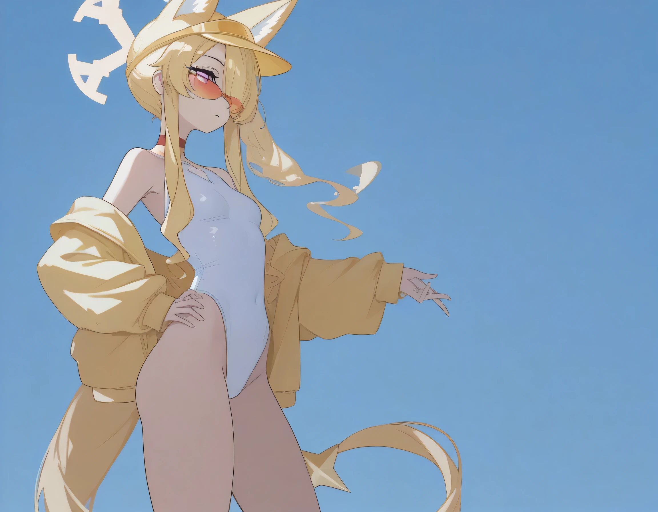 masterpiece, ultra-HD, impressionism, high detail, best quality, very aesthetic, 8k, best quality, beautiful, tmchng, anime coloring , Seia swimsuit (Blue Archive) , solo , eyelashes, long sidelocks blonde hair , purple eyes, sidelocks , hair over one eye , tail , fox ear, halo, small  ,  shoulders, collarbone , collar, choker, open yellow jacket , white one-piece swimsuit , highleg swimsuit , yellow visor cap , orange-tinted eyewear, tinted eyewear , sunglasses , hand on hip , thighs ,  standing , blue clear sky background , 