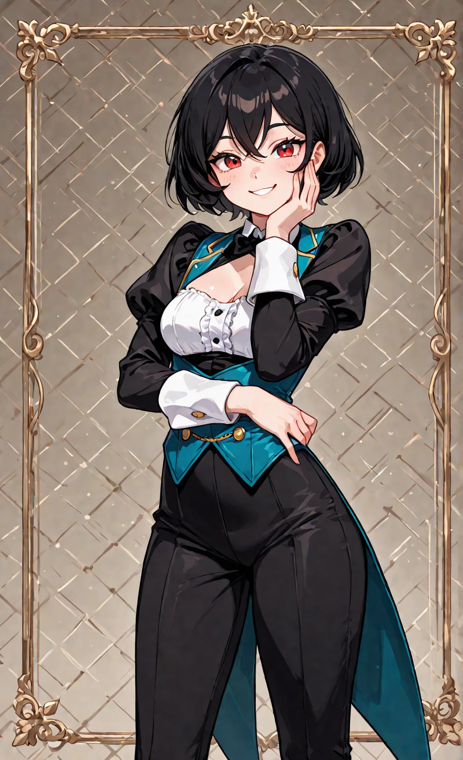 masterpiece, highest quality、Medium wide shot、cowboy shot、 1 Mature busty woman、black haired woman、asymmetrical bangs、bob hair、white shirt、Sealing dress、black stockings、Glasses、smiling、