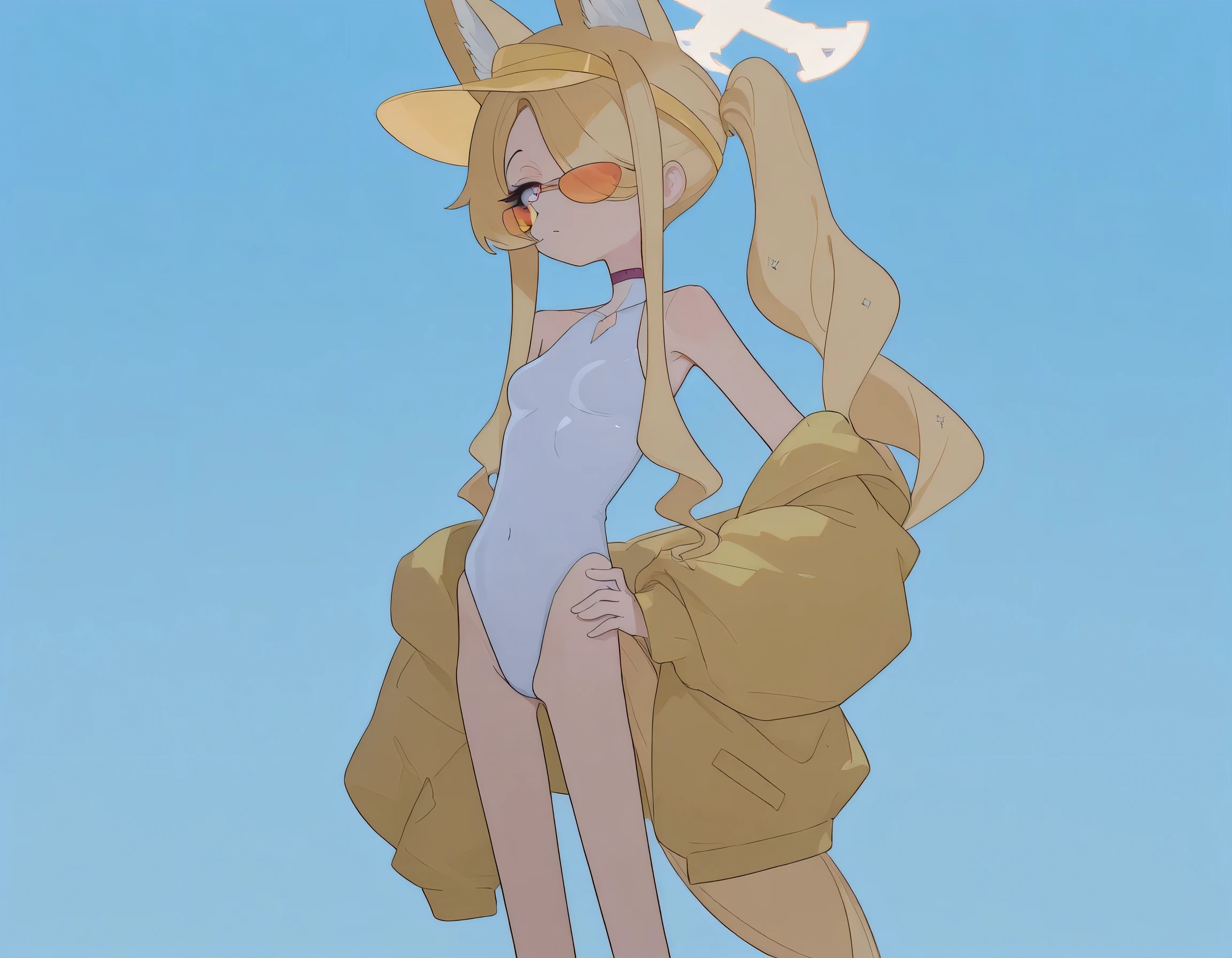 masterpiece, ultra-HD, impressionism, high detail, best quality, very aesthetic, 8k, best quality, beautiful, tmchng, anime coloring , Seia swimsuit (Blue Archive) , solo , eyelashes, long sidelocks blonde hair , purple eyes, sidelocks , hair over one eye , tail , fox ear, halo, small breasts , thin arms, thin legs , bare shoulders, collarbone , collar, choker, open yellow jacket , white one-piece swimsuit , highleg swimsuit , yellow visor cap , orange-tinted eyewear, tinted eyewear , sunglasses , hand on hip , thighs , seductive standing , blue clear sky background ,