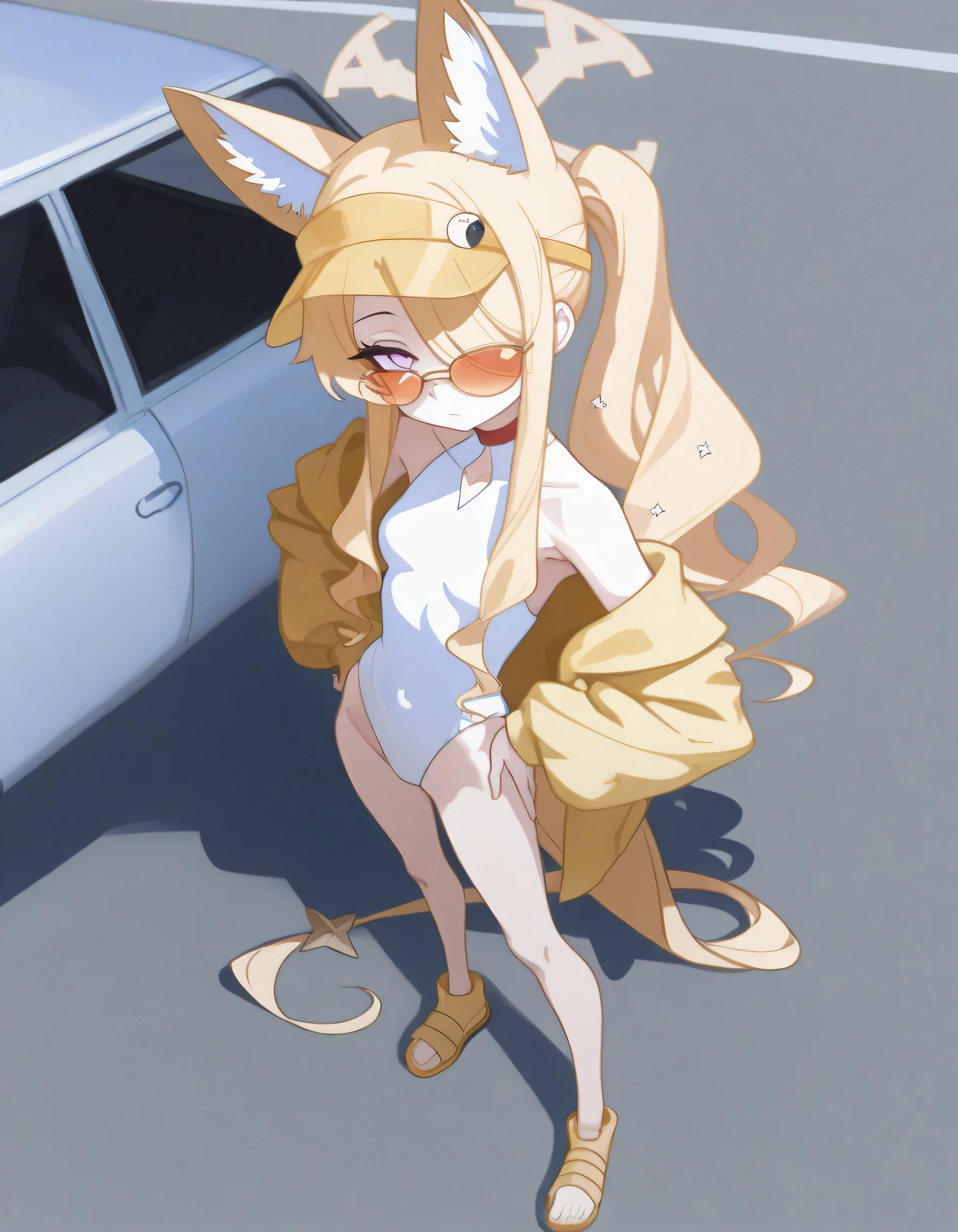masterpiece, ultra-HD, impressionism, high detail, best quality, very aesthetic, 8k, best quality, beautiful, tmchng, anime coloring , Seia swimsuit (Blue Archive) , solo , eyelashes, long sidelocks blonde hair , purple eyes, sidelocks , hair over one eye , tail , fox ear, halo, small breasts , thin arms, thin legs , bare shoulders, collarbone , collar, choker, open yellow jacket , white one-piece swimsuit , highleg swimsuit , yellow visor cap , orange-tinted eyewear, tinted eyewear , sunglasses , hand on hip , thighs , long legs , yellow sandals , seductive standing , cars , street background , from above , full body