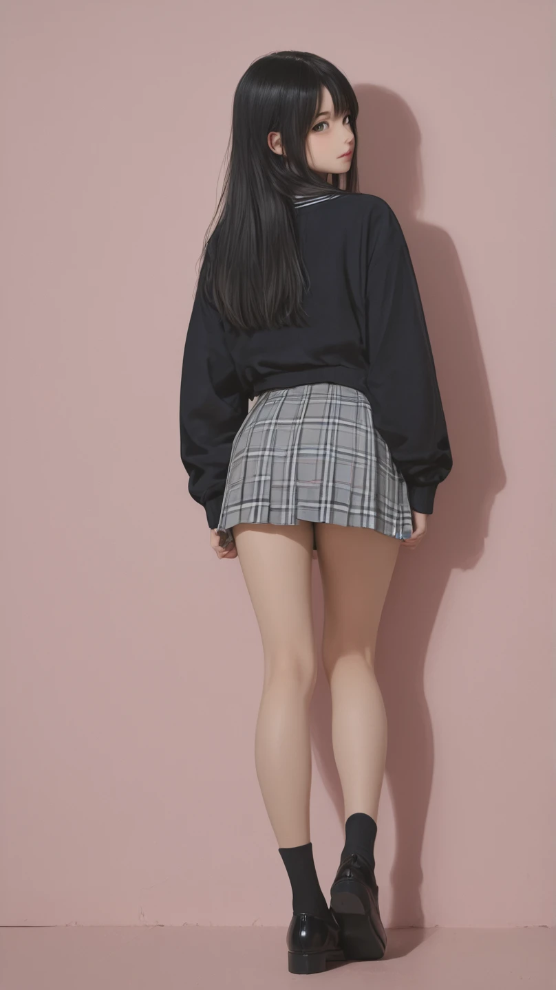 there is a woman taking a selfie in a skirt and tights, a hyperrealistic schoolgirl, thighhighs and skirt, hyperrealistic schoolgirl, wearing skirt, very  outfit,  outfit, wearing skirt and high socks, realistic schoolgirl, cute schoolgirl, pretty face with arms and legs, wearing a skirt, dressed as schoolgirl, intriguing outfit