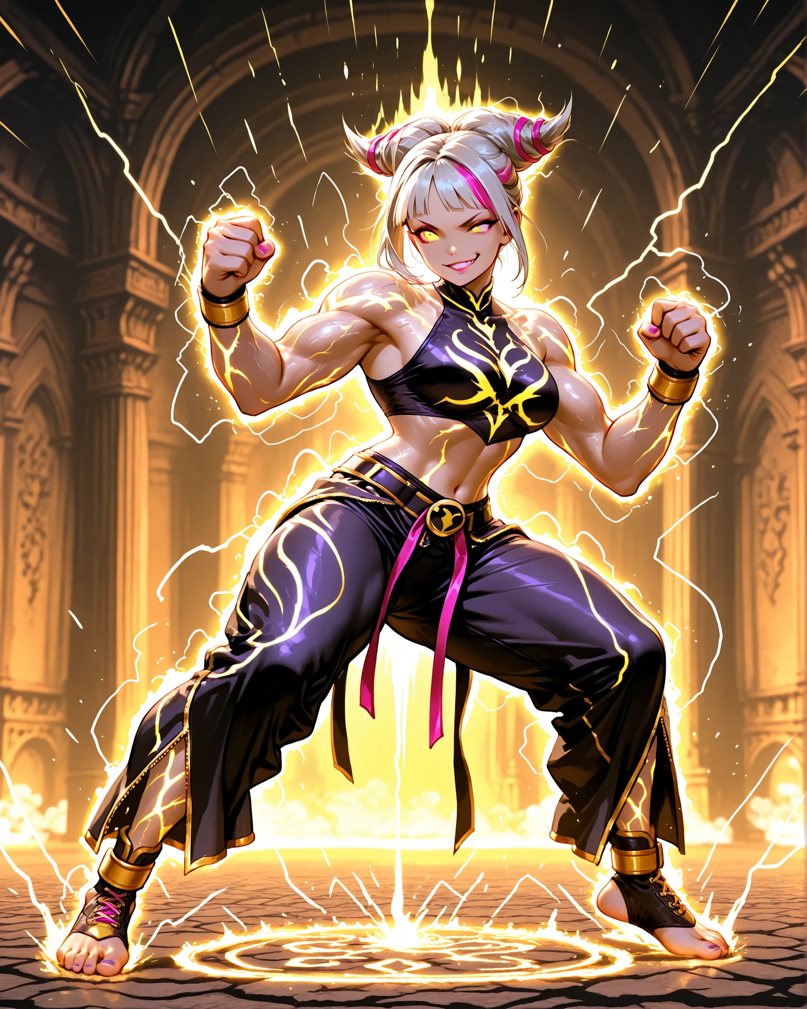 “A female fighter inspired by Juri from Street Fighter, redesigned as an original character. She has short, messy white hair with striking golden streaks, glowing fully yellow eyes without visible pupils, and pale white skin. Her expression is confident, dangerous, and playful, with a subtle smirk.

She wears a reinterpretation of Juri’s iconic outfit: a tight, high-contrast, black-and-purple top and martial leggings, reimagined with white, black, and gold accents to match her color theme. Golden lines and markings run through the fabric like energy veins. Her arms and legs are wrapped with sleek combat bands, and she fights barefoot just like Juri.

One eye may have a subtle golden ‘Feng Shui Engine’ glow effect, radiating energy. Her stance is dynamic and aggressive — a powerful kicking pose or low predatory stance, emphasizing speed, agility, and ferocity.

Background can be a neon-lit arena, a dark industrial setting, or a vortex of golden energy. Motion blur and energy effects enhance the sense of movement.

Ultra-detailed, dynamic lighting, martial arts aesthetics, powerful pose, hair in motion, sharp expression, high contrast, crisp and dramatic visual style.