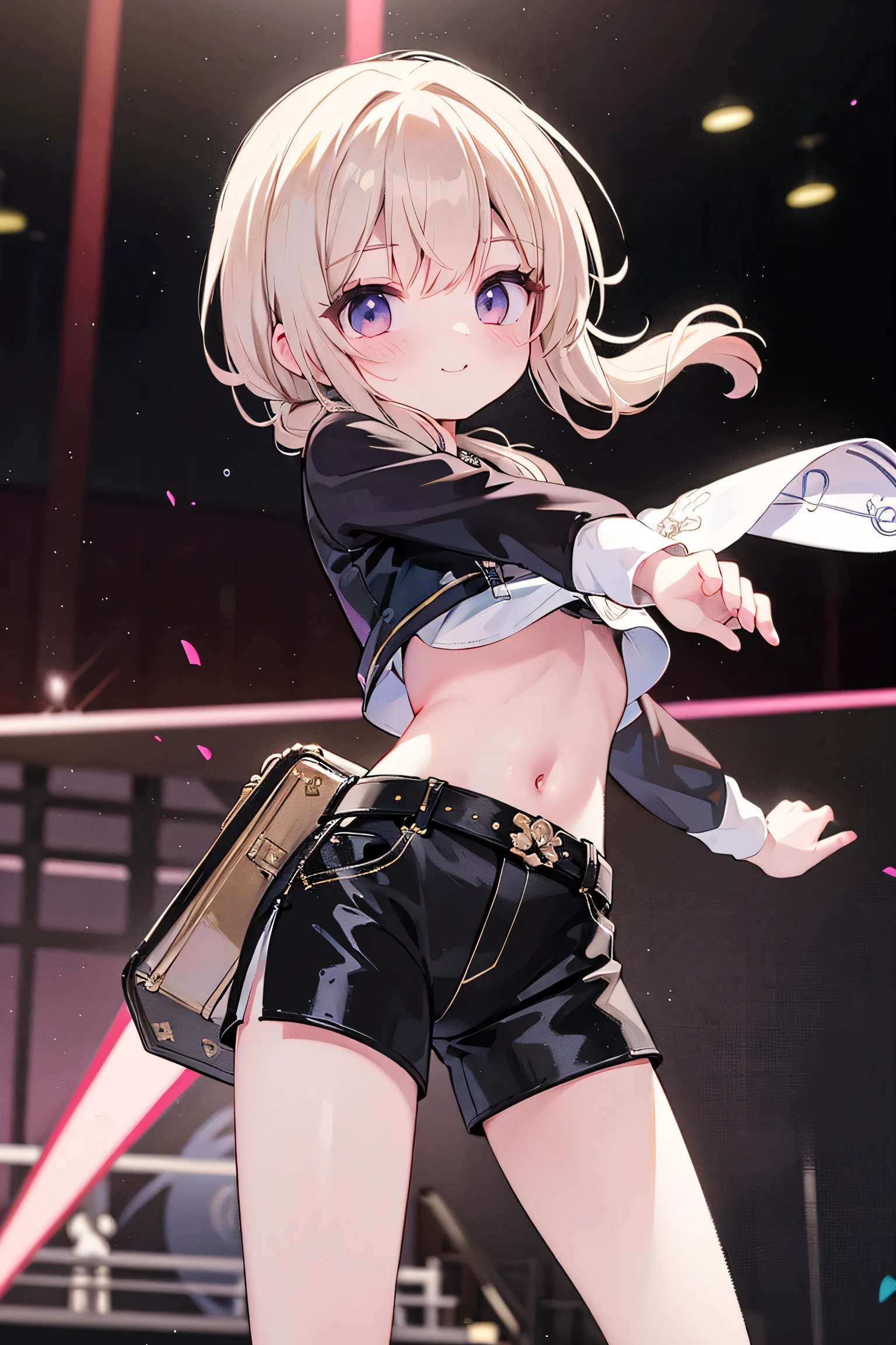 best quality ，Ultradetailliert ， nice face ， Meisterwerk、 Meisterwerk, erstklassig, 
Meisterwerk, best quality, amazing quality, (genauer Stil), (detailed face), Genaues Gesicht, Treffende Augen, genaue Farben, detaillierte Augen, Rumi kpop, only 1 very long purple braided braid,Pony, braune Augen,  1 girl, Allein, 3d, Gelbe Cropped Jacke, schwarze Shorts, Bauch, red belt, white crop top, Stiefel, has golf clubs in his hand,spielt Golf, Do backswing with golf club, very dynamic pose, very dramatic perspective, Cowboy-Schuss, Hellblaues Crop-Top, on stage,View viewers directly, very sweet smiling,looks directly at the viewer, happy smile, Elegant,  very thin legs, dark background narrow  , schmale Beine, , extremely detailed,  best quality ，Ultradetailliert ， nice face、 Meisterwerk, erstklassig, 1 girl in, best quality , 1 girl dunkler Hintergrund