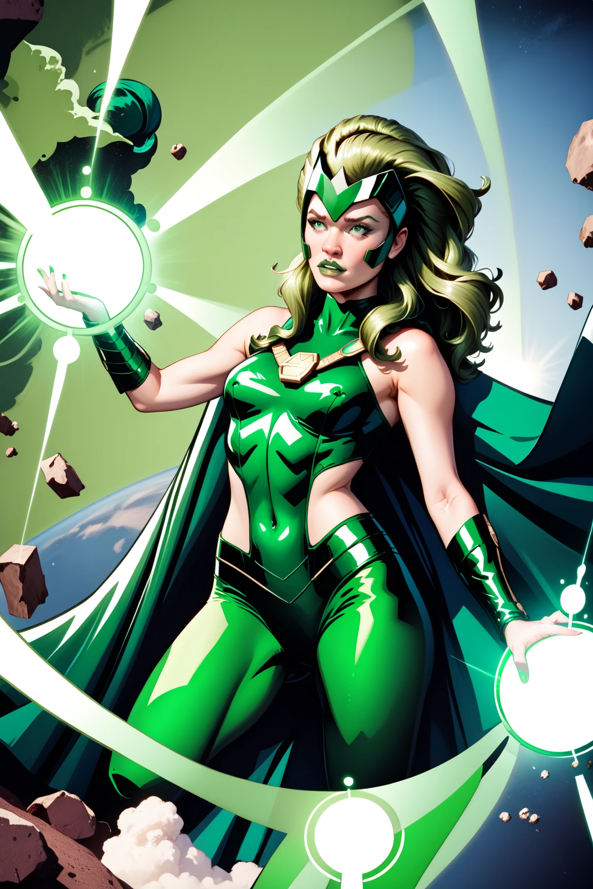 score_9, score_8_up, score_7_up, masterpiece, high quality, BREAK
 <lora:Amora the enchantressPonyLoRA:1>amoenchtress, long hair, headpiece, elbow gloves, bustier, bare shoulders, cleavage, belt, skirt, leggings, smile, magic, fire, electricity, glowing, aura
<lora:Michael TurnerStylePonyLyco:1> mtms