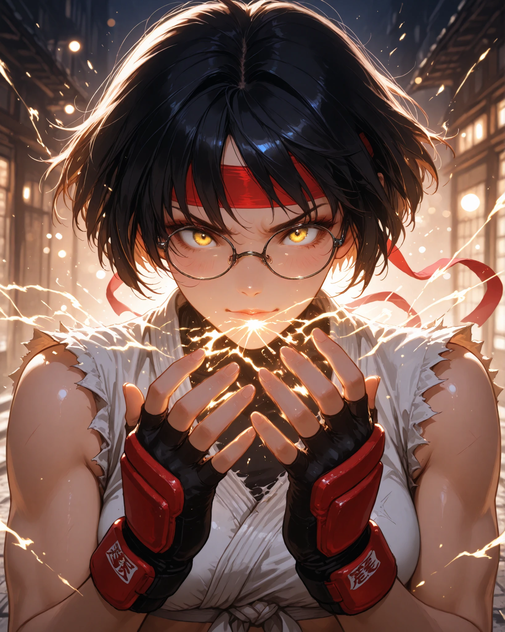  This illustration has 、It depicts a figure in a martial arts pose. short hair, Dynamic Battle Poses, Street Fighter Muscular Fit, anime style, white cropped sailor top with blue trim, yellow scarf, blue pleated , red fingerless gloves, Red Converse High Top Sneakers with White Laces, Indoor Settings, studio lighting for women,、Plasma bursts all around、A confident and composed posture、showing readiness for action.  in this work 、High contrast and dynamic shading are used,

