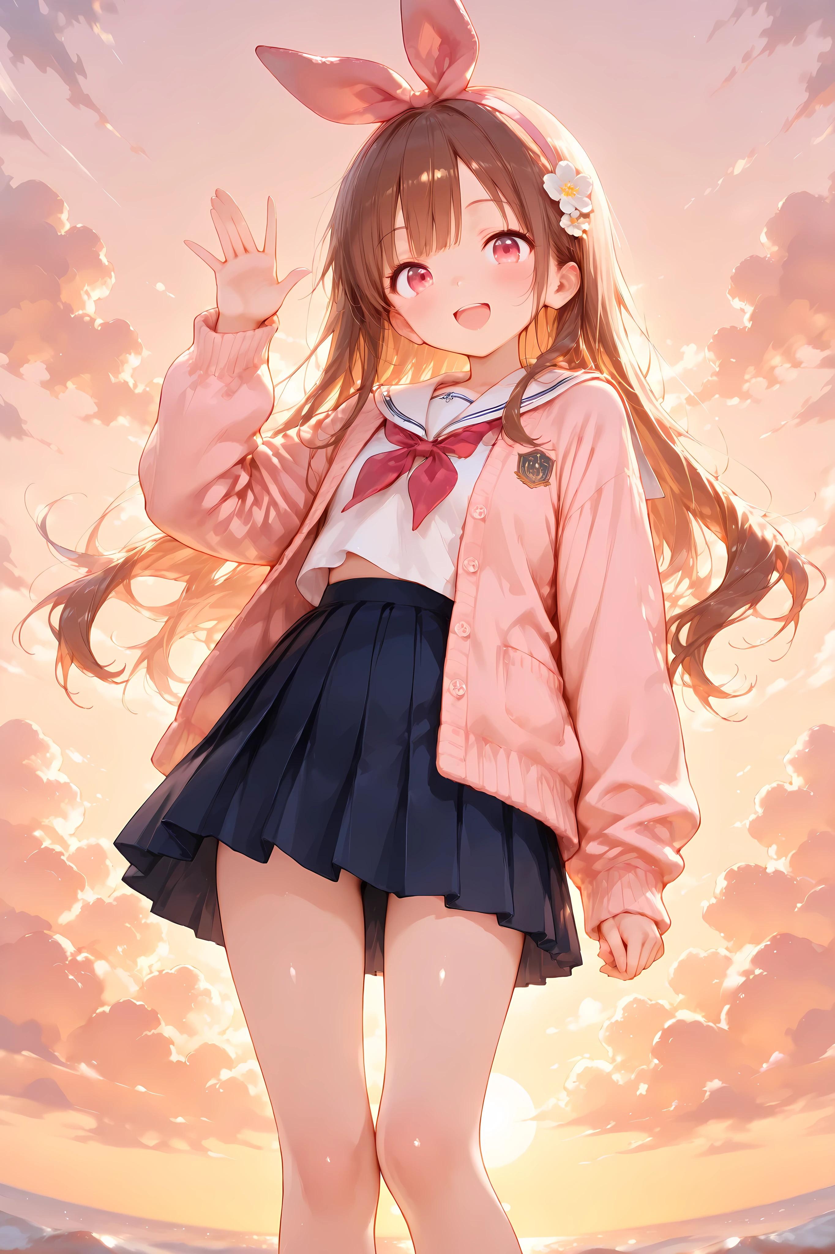 Shiny skin, Babe, character, meroko.
masterpiece, best quality, ultra detailed, high resolution, 8k, caustics, super detailed skin perfect anatomy, dynamic lighting, elaborate eye depiction, beautiful detailed eyes, a cute anime girl.
# body
very flat chest, skinny body, slim waist, long legs, delicate proportions, graceful posture.
# hair
chestnut brown hair, long wavy hair, hair reaching the shoulder blades, naturally falling both in front and behind shoulders, soft loose waves, light winter luster.
# eyes
pink eyes, extra large eyes, clear luminous irises.
cheerful expression, joyful smile, open mouth smile. looking at viewer.
# outfit
pink bunny ear headband with soft winter fabric texture, integrated as part of outfit design, single white flower hair accessory attached near base of ear.
white long-sleeved sailor uniform with pink lines, made of thicker winter fabric, warm wool-blend material, layered with a navy cardigan under the sailor collar, soft knit texture visible.
navy pleated skirt slightly longer for winter style.
white scarf loosely tied around neck.
# pose
dynamic standing pose, upper body slightly leaning forward, right arm raised high and waving toward the sky, left hand lightly clenched near her side, slim waist slightly twisted, hair flowing dynamically in the wind, pleated skirt fluttering upward, joyful energetic movement, low-angle view from below, upper knee view.
# composition
vast open sky background, bright late-afternoon sky with gradient from warm orange near the horizon to deep blue above, large fluffy clouds glowing with sunset light, soft pastel colors, subtle rainbow arc curving behind the character, distant sun near the horizon creating a gentle glow, light scattering and soft radiance around the character, sense of height and openness, shallow depth of field.
# outline
fine line art, delicate line drawing, thin outlines, clean outlines, minimal noise.