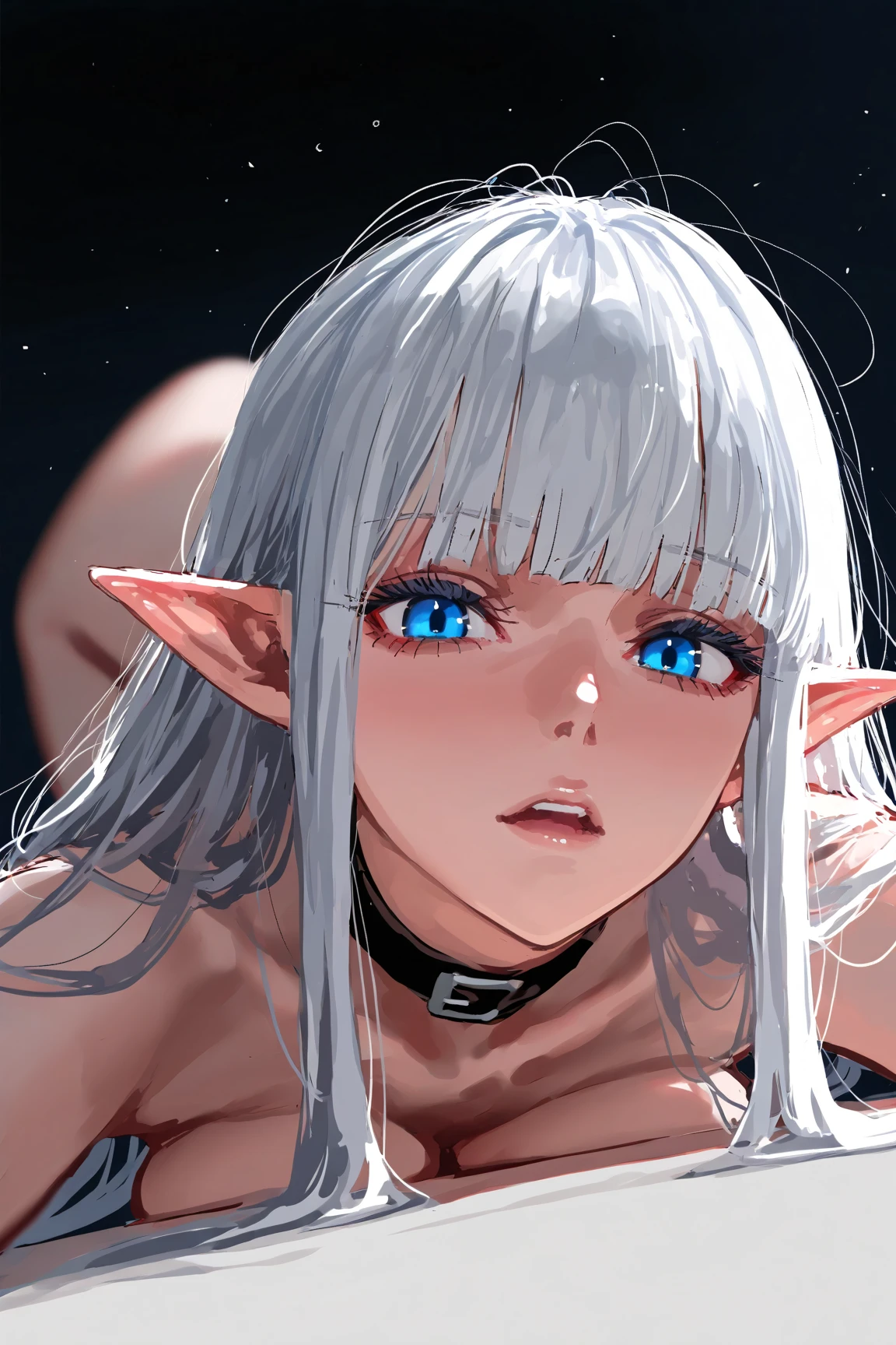 Super high quality（８K）　Masterpiece Best Quality 1girl Detailed Beautiful Woman　soft and ???????????, highly detailed blue eyes　shiny big ???????　nature_lit, shining outdoors, Highly detailed wavy long hair, Beautiful night sky　Highly detailed clear white skin　Highly detailed single line ????? albino　???????????　troubled face　red cheeks　transformation　Completely ?????　small face　realistic　adult ?????? woman　Bewitching　eight-headed body　shy face　elf　Face-to-body ratio（1：7）???????????　Red hair　