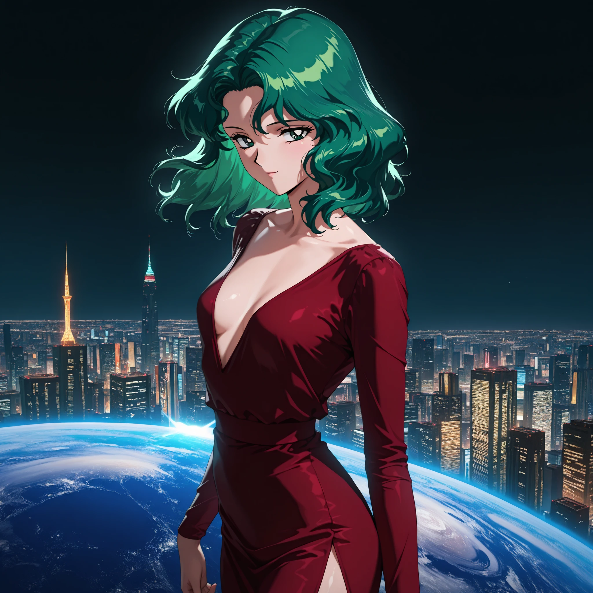 masterpiece, amazing quality, best quality, ultra-detailed, 8K, illustration, clear skin, ultra-detailed-eyes, soft skin, very awa, very as2, soft body, 1990s \(style\), official art, 1girl,solo,adult woman, michiru kaiou, dark green eyes, green hair, medium hair, small breasts, looking at viewer, dress, side slit dress, sky, planet, night, building, \(sky\), cityscape, standing, skyscraper, Her back is turned to the viewer. The girl is looking over her shoulder smiling at the viewer, dim lighting, black sky, night, volumetric lighting, dynamic lighting, sharp focus, distortion-free,