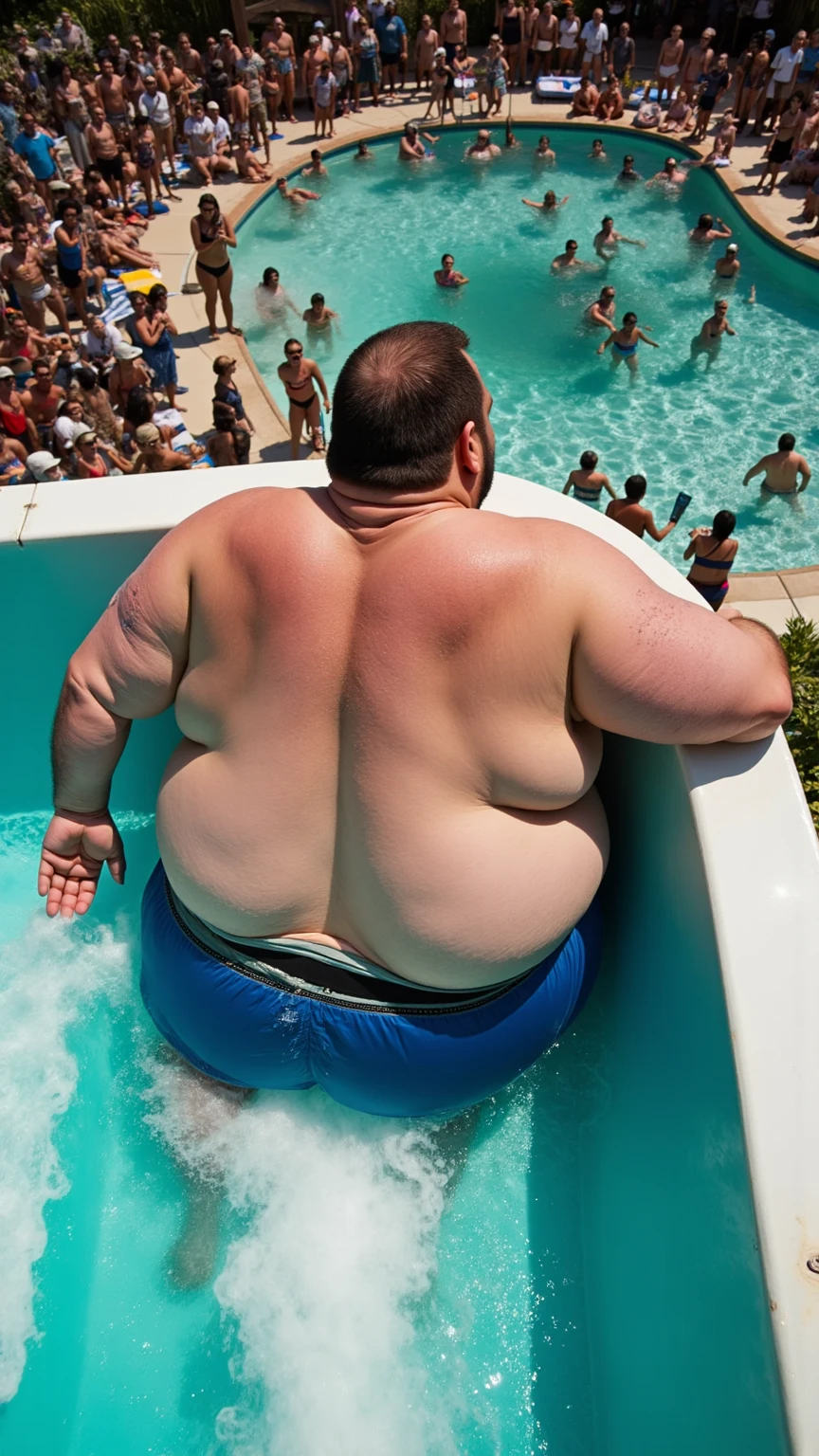 A fat man in the hot tub, drinking vodka