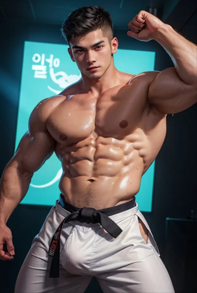 korean man, Solo, bodybuilder, big muscle, short hair, view the viewer, taned skin, Touching the  and the , , Big Bulge, Thick thighs, , Masterpiece, Best quality
