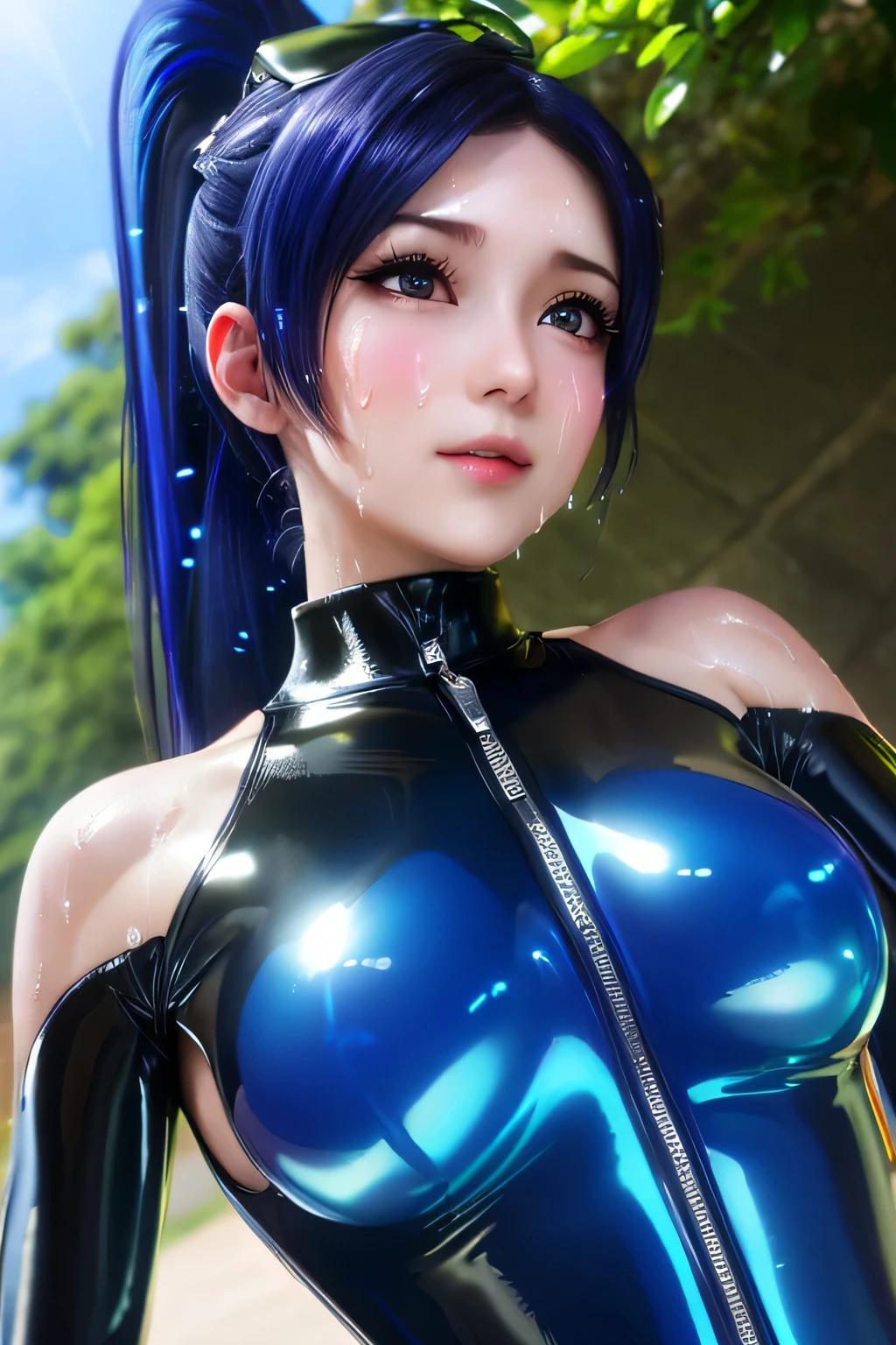 Ultra Macro Photography, fantasy girl, ((cute girl)), , latex outfit, shiny/glossy latex,  outfit, hyper holographic black latex, long hair, long bangs, defined thick thighs, , , perfect makeup, realistic face, (detailed eyes), light blue eyes, black hair, eyelashes, :D :o, bedroom, sitting on bed, leaning forward, (eyes looking at viewer),  shot,