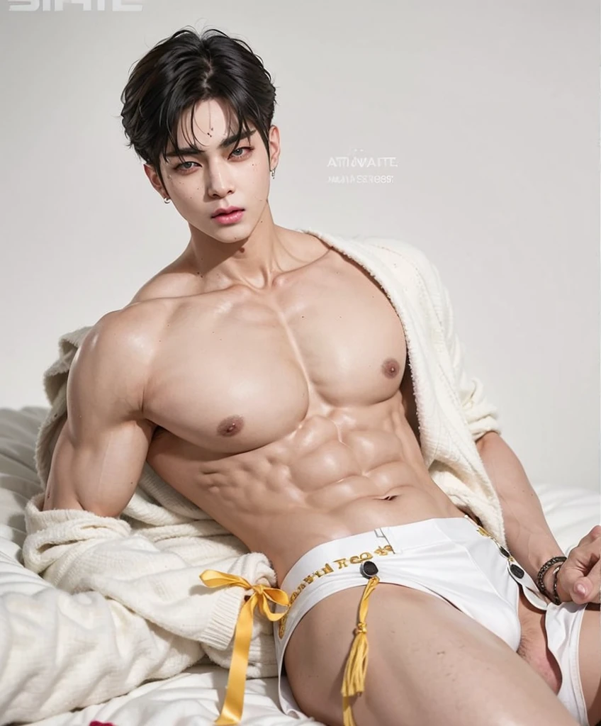 (master-piece), (High Quality:1.2), (bestquality:1.2), crisp focus, A young man., Short Hair Hair, 20yo,  (((1 perfect :1.3))), 1 amazing , (((1 good :1.2))), 1. Beautiful , 1 good , 1male , Masculine , thorough , male structure, , ( loincloth:1.3) handsome Man, frontal, intricate detailed, Highly detailed eyes and eyelashes, muscular male, manly, masculine, gentle lighting, Cinematic lighting, portrait, Reveal the pectoral muscles., male model, muscular, ripped, Man, handsome, asian, 16-20 years young, arab dress ,perfect face, abs ,white long see through open  dress, sit on magic flying carpet, magic flying carpet , in the desert,desert background, night time, stars,NSFW, Aladin costume, , wonwoo seventeen