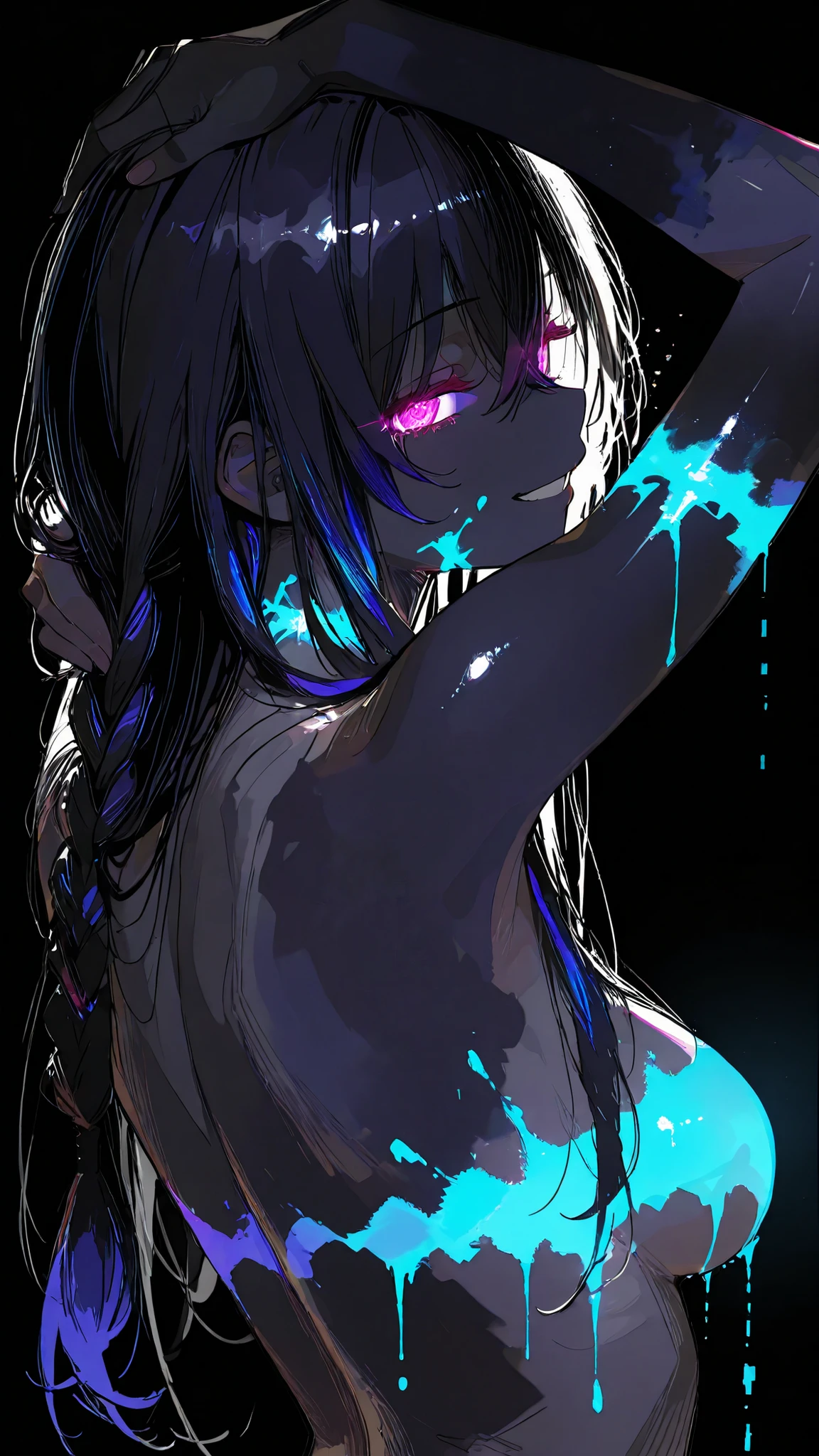 extremely detailed,highest detailed,UHD: Ultra High Definition,extremely intricate,photo painting, High resolution,HDR: High Dynamic Range,Pixel density,Image sharpening,Noise reduction,Image stabilization,Color correction,Contrast adjustment, Saturation boost,4K resolution, 8K resolution,Image enhancement,Detail enhancement,Image clarity,Retina display,OLED: Organic Light Emitting Diodes,QLED: Quantum Dot Light EmittingDiodes,Super-resolution,Upscaling,Deblurring,Anti-aliasing,Post-processing,RAW format: RAW, JPEG compression,Pixel interpolation, Dynamic range increase,Light balance,Tone mapping, Gamma correction,Texture enhancement,White balance,Exposure adjustment,Digital zoom,Optical zoom,Megapixels, High-resolution,Crystal clear,Razor-sharp,High-definition,Picture-perfect,Enhanced clarity,Impeccable detail,Unsurpassed sharpness,Ultra-sharp,Unrivaled resolution,Pristine quality,Optimal sharpness,best quality, detailed, absolutely amazing, highly detailed, fine, high quality, insanely detailed, masterpiece, ultra-detailed, super high resolution, solo,1 girl, 1 person,((face emphasis)), highest quality, super detailed, masterpiece, best quality, super beautiful, {{{masterpiece}}}, {{{highest quality}}}, {{super detailed}}, {illustration}, {{very delicate and beautiful}}, perspective,748cmstyle, ffuruha, long hair, multicolored hair, black hair, single braid, purple eyes Black hair, black skin, glowing eyes, a large amount of neon paint on the body:2.5, light blue glowing paint:1.5, pink glowing paint:1.5, Green glowing paint:1.5,Black background, pitch black space, Naked, upper body, Smiling, no lighting, paint in hair, paint on face, ultraviolet light:1.5, armpit, from the side, From behind, back, butt, side boob