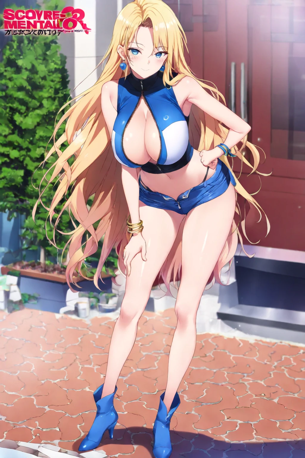 An extremely beautiful stunning voluptuous woman, with gold blonde long silky hair, big blue eyes, extremely super bright snow white fair stunning flawless glowing lush shiny white complexion, flawless skin, a perfect tight hourglass figure, and a skinny waist, ???? thick smooth luscious legs and thighs, wearing a short ???? tight revealing purple ??????, yellow heels, gold necklace on the neck, gold anklets on feet, gold chain on the waist, standing straight, extremely cute smile on the face, bright pink blushes on cheeks, beach in the background, show full body from head to feet.