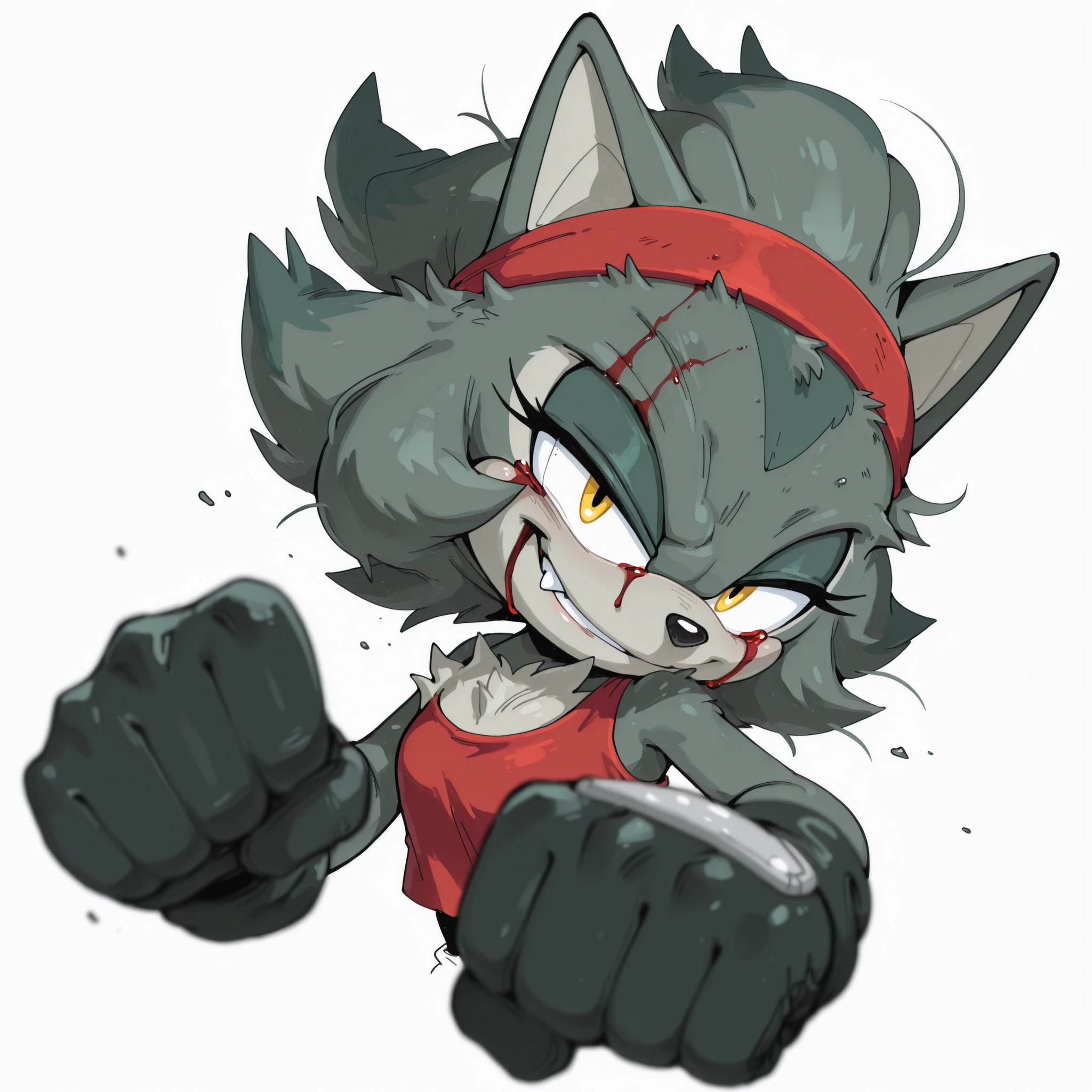 masterpiece, best quality, amazing quality, very aesthetic, high resolution, ultra-detailed, absurdres, newest, scenery, furry, anthro, sonic \(series\), 1girl, female furry, grayish green wolf, grayish green hair, short hair, red headband, red tank top, yellow eyes, BREAK, depth of field, detailed fluffy fur, volumetric lighting, head-shot, onmodelblobian, excited, confident smile, fight stance, dynamic pose, fighting pose, fangs, showing fangs, (simple background), (white background), one half-closed eye, forehead bleeding, nose bleeding, head tilt, fist fight, tired, exhausted