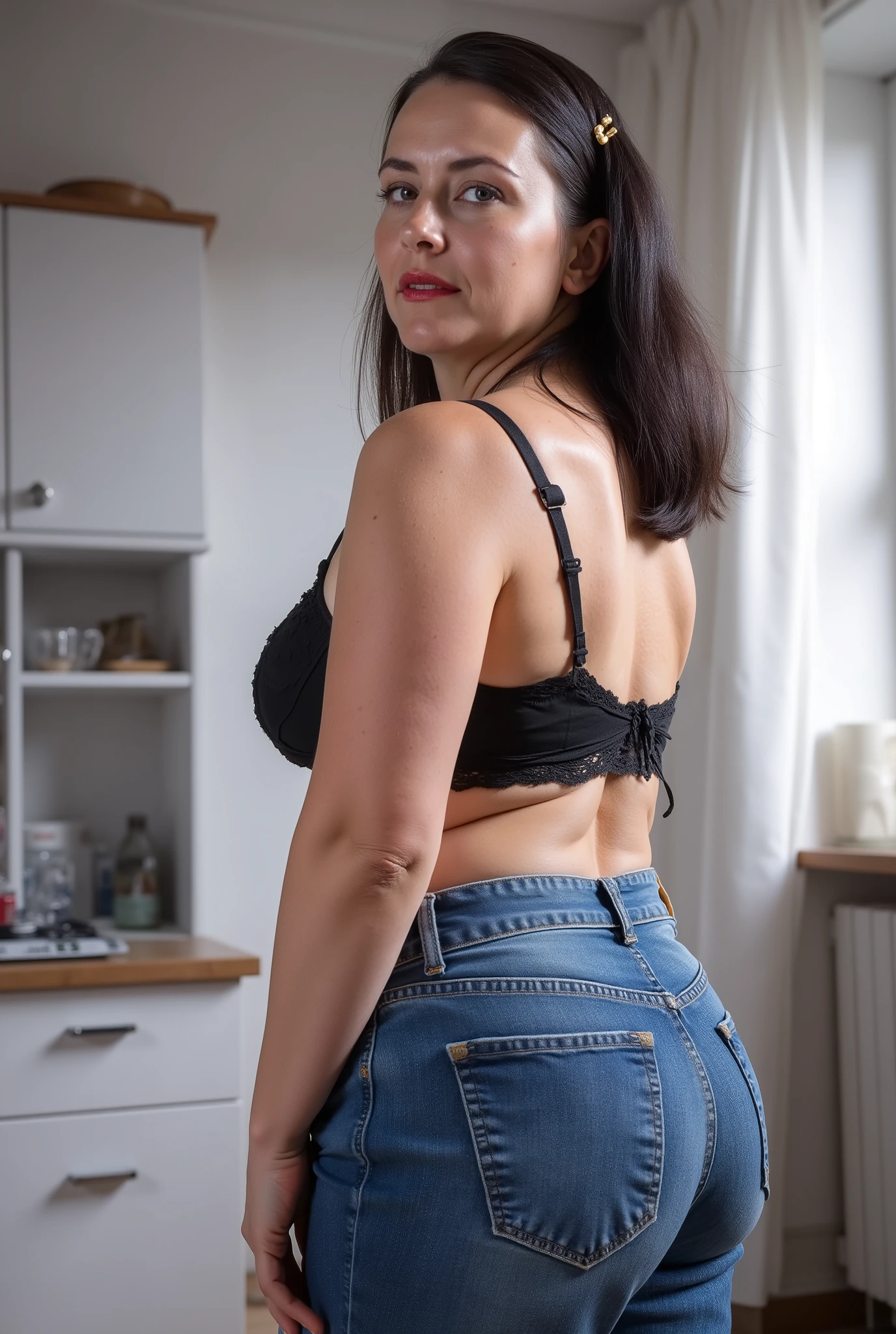 Lowangle,A white european mature woman, 60 years old, stands in jeans, her back to the camera, positioned on the floor directly behind her for a steep straight rear view. The composition is close, visually focusing on the curves of her hips and buttocks, while she glances down over her shoulder to make eye contact with the lens. Condescending expression, crow's feet, glossy red lipstick, looking down on viewer, superior, arrogant, mom vibes, realistic mature body proportions, aged slightly wrinkled skin. Shoulder length hair dyed black with grey roots, cute hairpins. wearing lace bra. Soft indoor lighting highlights the denim texture and her smooth silhouette, with a blurred minimalist background for emphasis. Cinematic, intimate, stylish feel.
