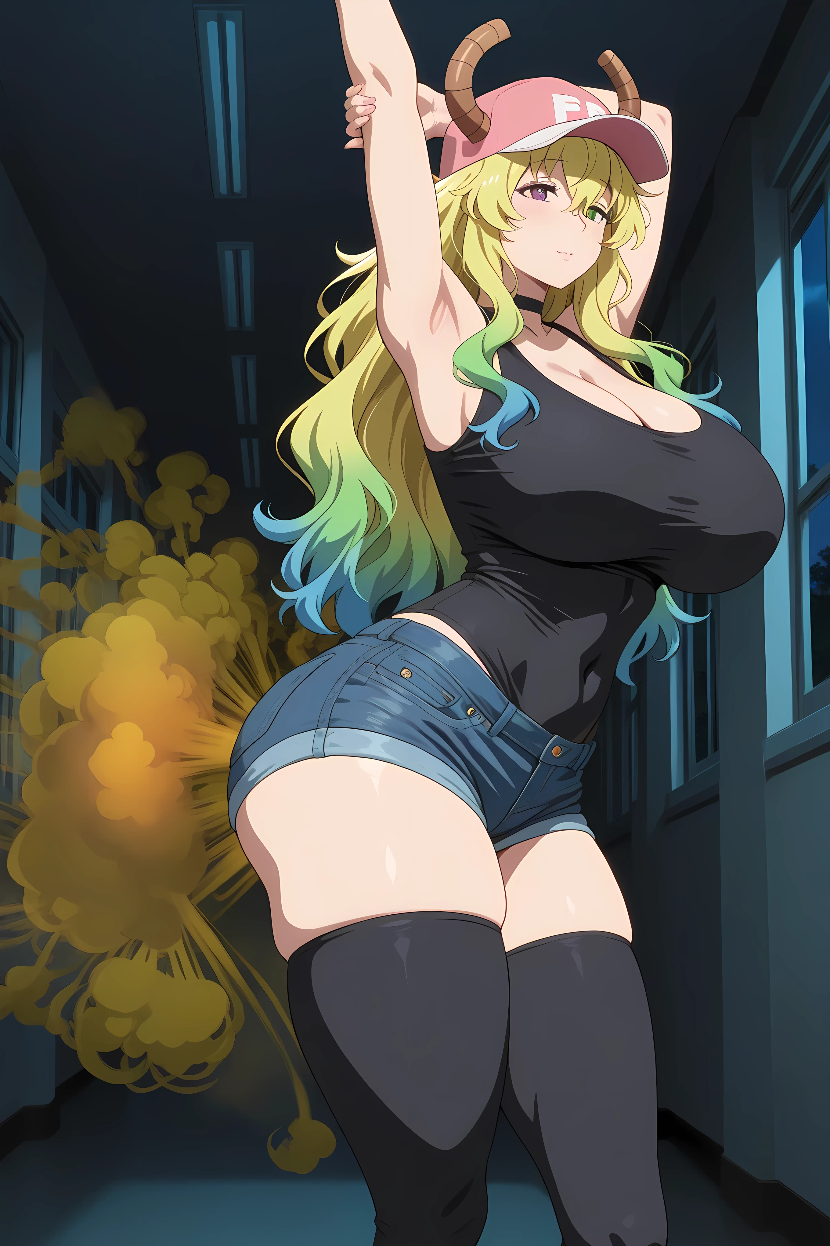 lucoa, blonde hair, blue hair, dragon girl, gradient hair, green hair, hair between eyes, horns, horns through headwear, huge breasts, multicolored hair, baseball cap, cap, hat, pink hat, green eyes, purple eyes, yellow pupils, heterochromia,,black thighhighs, cleavage, curvy, pink footwear, thighhighs, shirt, black shirt, sleeveless, covered navel, short shorts, denim shorts, denim, shorts,,
general, Solo, masterpiece, highres, ultra-detailed, hyper-detailed, best quality, amazing quality, very aesthetic, best hands, best eyes, best hand
adult woman, 1woman, night, school hallway, from behind,
cammystretch, stretching, leaning forward, arms up, hands up,
(Fart:2) , ( (yellow gas:2), fart near ass only,