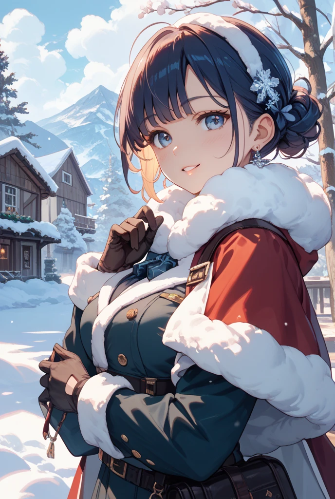Masterpiece, top quality, 1girl, 1snowman, open mouth, smiling, kneeling, (hand on snowman), looking at viewer, snow, snowy mountains, trees, snowy landscape, dark hair, medium build, please wear ((black leather jacket with rolled up arms), , fingerless gloves, white T-shirt, ((white headband )), black pants, white shoes, brown belt, red scarf, beanie,