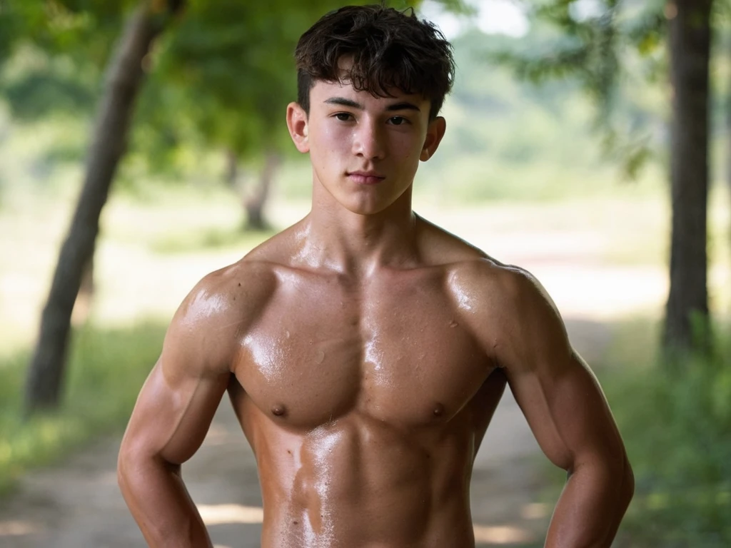 a lean skinny shirtless 18-year old caucasian boy wearing white loincloth, messy brown hair, cute face, green eyes, tanned skin, drenched in sweat, sweating profusely, in the corn farm
