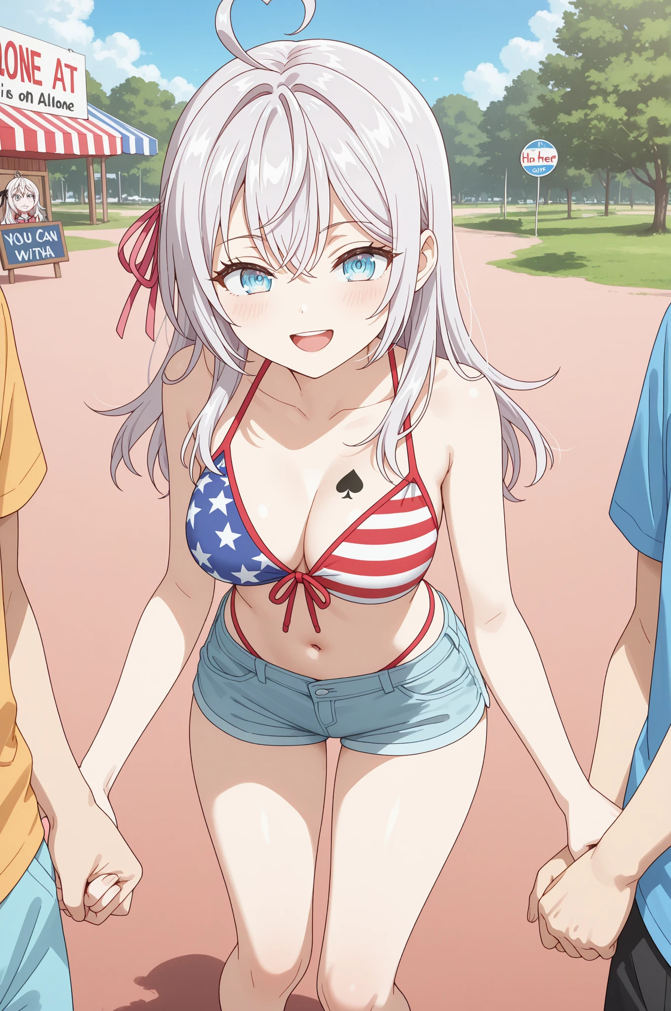 Score_9, score_8_up, score_7_up, source_anime, lumine, genshin impact, shexyo, fischl, fischl and lumine, 2girls, duo, indoors, castle, American flag ??????, clothed, leather shorts, standing, front view,  laughing, flag ??????, American flag, looking at viewer, mocking, humiliation, holding laugh, giggling, ntr, ???????, ????, cucking, ????????
