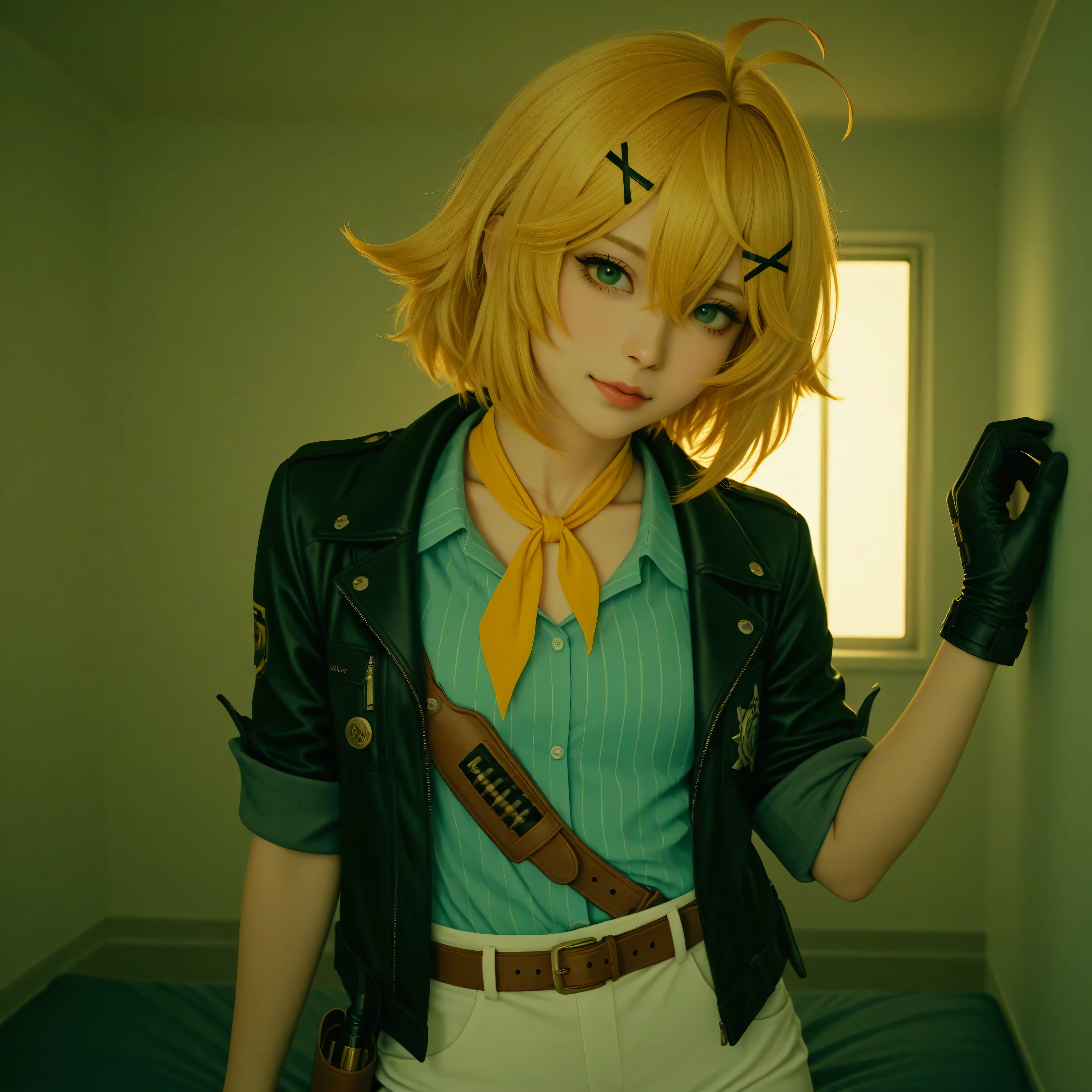 cinematic photo, (realistic, photorealistic:1.15), (masterpiece, best quality, newest, highres, absurdres:1), high contrast, vibrant colors, lazypos, high contrast, vibrant colors, indoors, in apartment, 1girl, DokiBH, blonde hair, blue shirt, short hair, ahoge, x hair ornament, black jacket, black gloves, bangs, green eyes, hairclip, brown belt, pants, hair between eyes, vertical-striped shirt, white pants, open jacket, collarbone, yellow neckerchief, antenna hair, bullet, holster, sleeves rolled up,