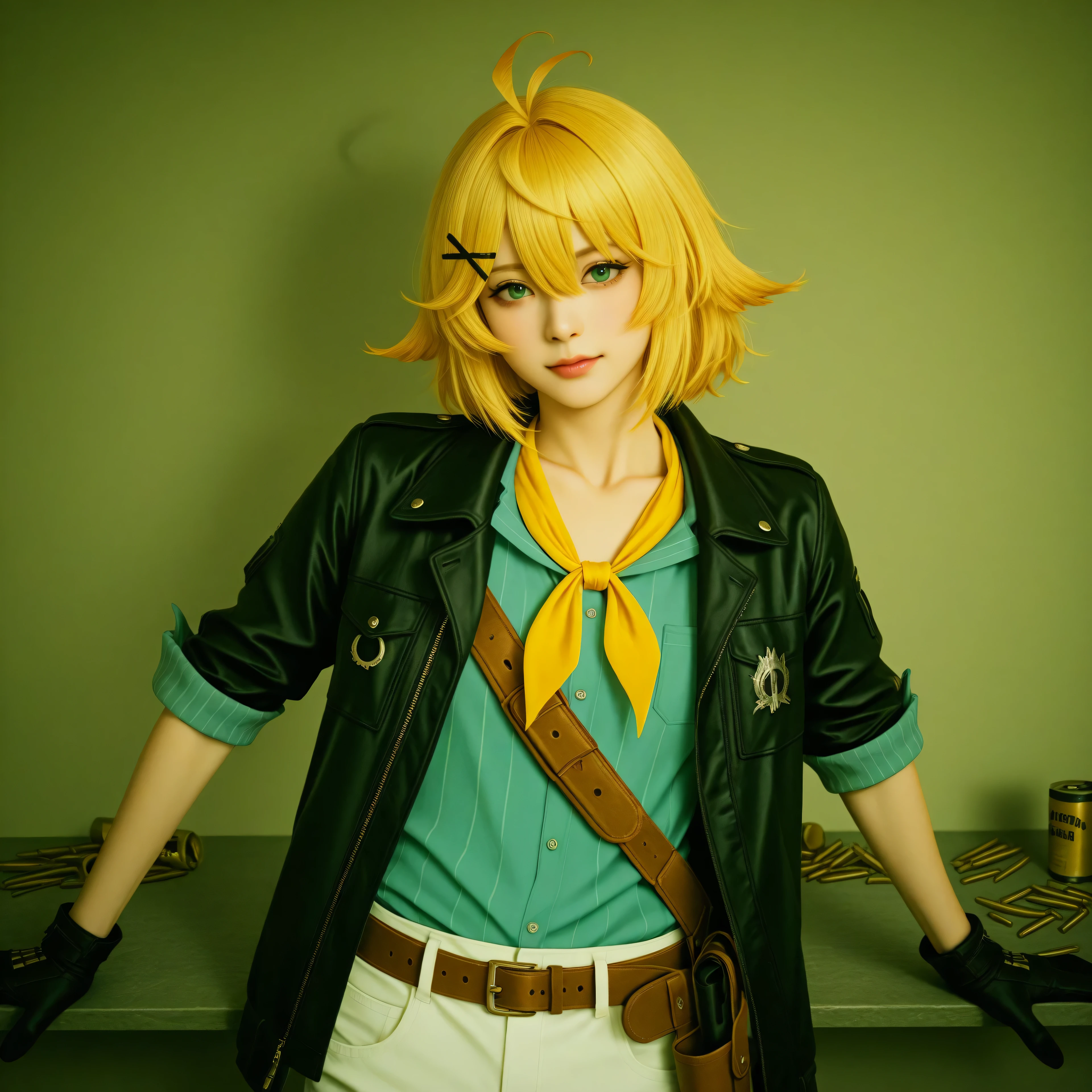 cinematic photo, (realistic, photorealistic:1.15), (masterpiece, best quality, newest, highres, absurdres:1), high contrast, vibrant colors, lazypos, high contrast, vibrant colors, indoors, in apartment, 1girl, DokiBH, blonde hair, blue shirt, short hair, ahoge, x hair ornament, black jacket, black gloves, bangs, green eyes, hairclip, brown belt, pants, hair between eyes, vertical-striped shirt, white pants, open jacket, collarbone, yellow neckerchief, antenna hair, bullet, holster, sleeves rolled up,