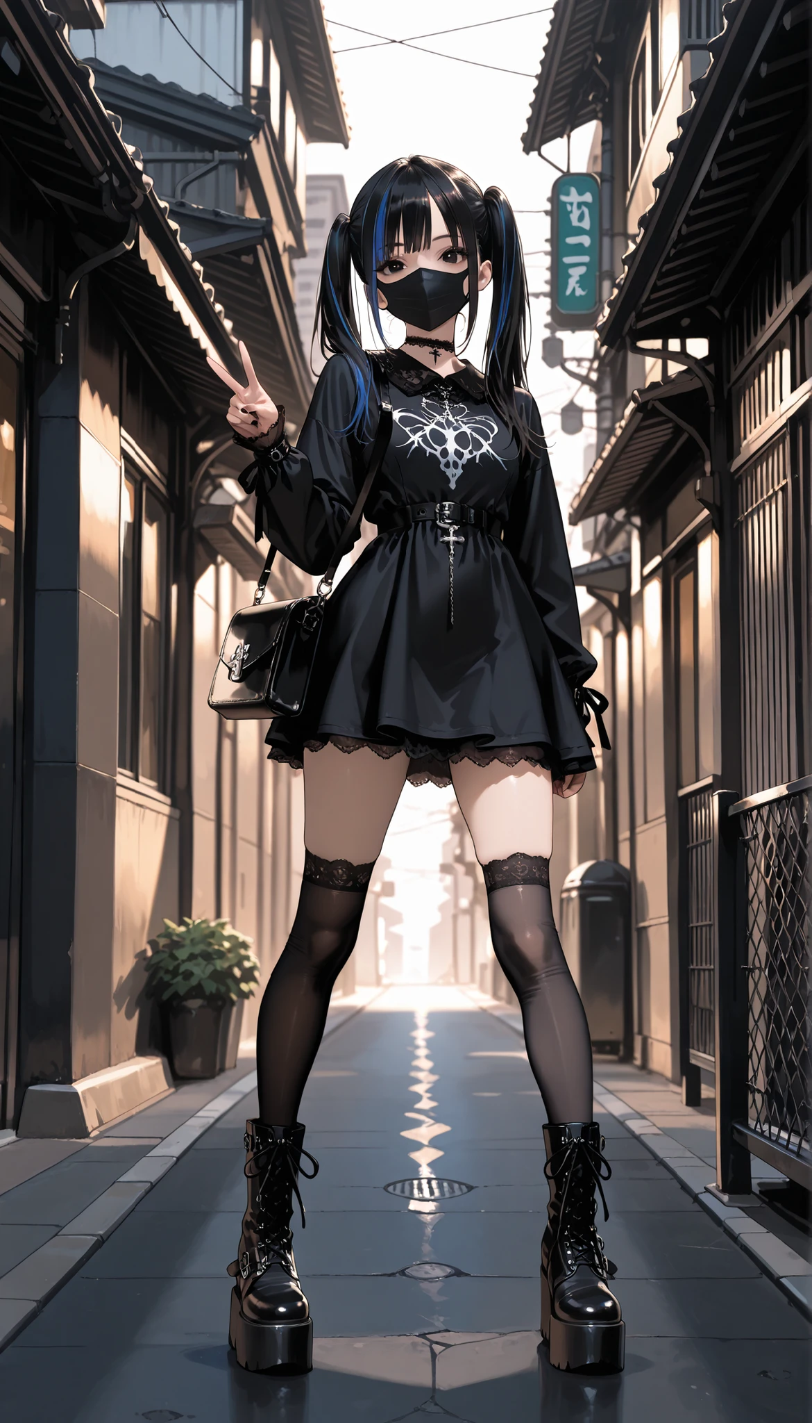 evildoer、girl、Hiding one eye、Black Hair、Bobcut、Black Veil、Black flared 、Eyes、Cat ear、cute、profile、Close-up of face、１０generation、tall、eight-headed body、Morning back alley、Neon lights in the distance、Crouch down