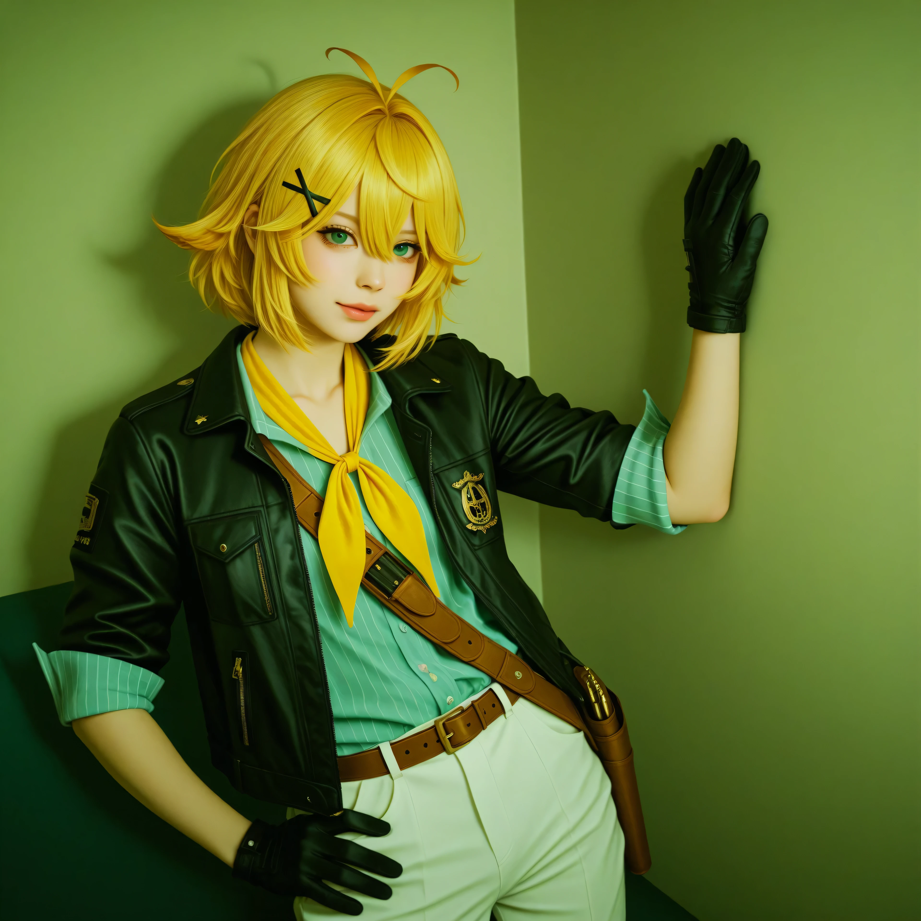 
cinematic photo, (realistic, photorealistic:1.15), (masterpiece, best quality, newest, highres, absurdres:1), high contrast, vibrant colors, lazypos, high contrast, vibrant colors, indoors, in apartment, 1girl, DokiBH, blonde hair, blue shirt, short hair, ahoge, x hair ornament, black jacket, black gloves, bangs, green eyes, hairclip, brown belt, pants, hair between eyes, vertical-striped shirt, white pants, open jacket, collarbone, yellow neckerchief, antenna hair, bullet, holster, sleeves rolled up,