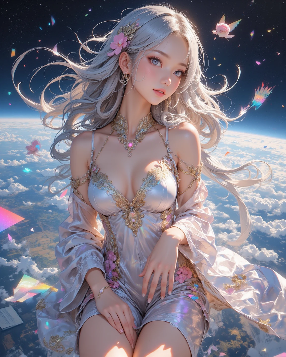 longeyelashes, small Eyes,Ponytail, pink Silver hair, gray colored contact lenses, surrealism, anaglyph, stereograms,  POV, Atmospheric perspective, 32K, Super Detail, ccurate, Best Quality,The shoulders have exposed skin,Very thin,Very small bust, Very thin waist,Other Dimensional Planet,A strong-willed beautiful girl,Semi-nude,The most beautiful face,A beautiful girl,