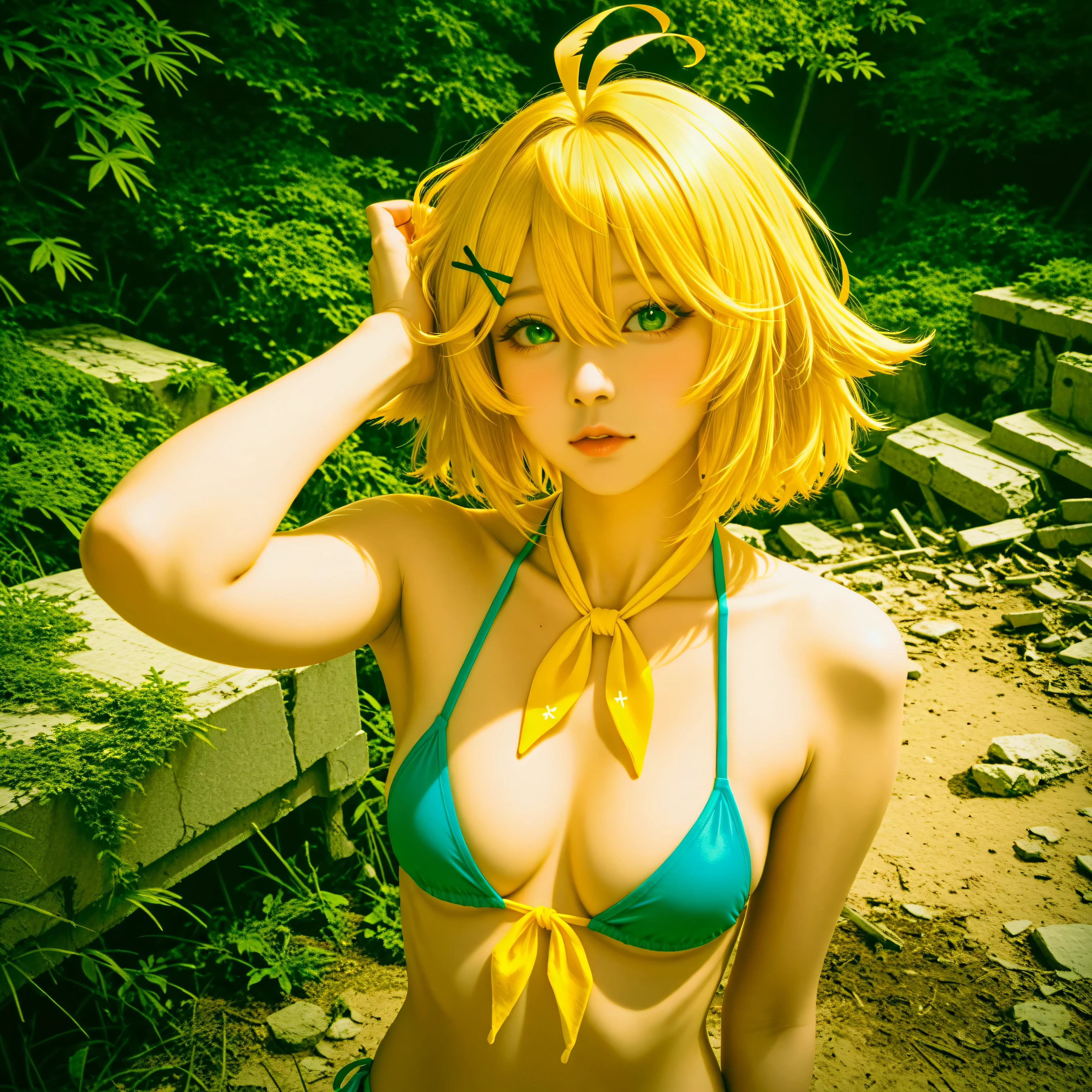 cinematic photo, (realistic, photorealistic:1.15), (masterpiece, best quality, newest, highres, absurdres:1), lazypos, high contrast, vibrant colors, deserted island, ruins, walking through ruins, 1girl, DokiBH, blonde hair, blue bikini, short hair, ahoge, x hair ornament, bangs, green eyes, hairclip, hair between eyes, collarbone, yellow neckerchief, antenna hair, confused, scratching head,