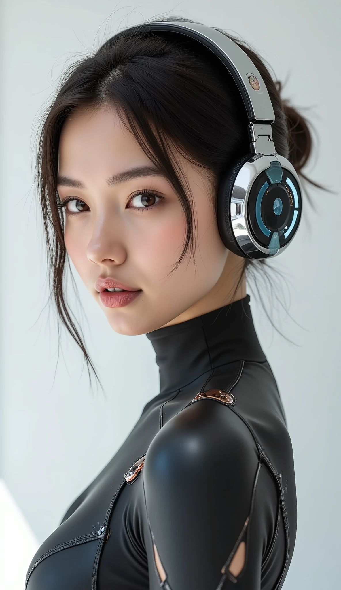 ((NSFW:0.05)),(((hyperrealistic photography:2))),((tender girl with tender and flirtatious look:2)),((realistic face:1.8)),((((The woman looks tender and flirtatious with German features:2)))),((very pretty and girl sensual girl with hair up)),((eyes are blue-green)),dressed in a futuristic neoprene and carbon fiber suit,((without neckline)),((without showing the skin from the neck down)),white background without shadows,white and blurred background,the clothing has cybernetic elements of carbon fiber shoulder pads with chrome edge and details in dark gray and black chrome,((girl with a very tender and cute face)),The young woman has a tender and flirtatious look, with dark hair in a bun hairstyle:2,(full neoprene bodysuit:2),(((The bodysuit has large and translucent symmetrical sections at the hips:2)),(((black leather pleated skirt at the knees:2)),((long black latex and neoprene stockings:2)),(partial black latex gloves with copper details and black chrome plastic),(((big and beautiful smile:2))),(futuristic headphones with lights and cables that connect the headphones to the girl's back:2),((long and athletic legs with black thigh-high boots:2)),((neoprene stockings under the skirt:2)),(without showing the skin from the neck down:1.9),(tender and flirtatious look:2),(the headphones have a partially transparent plastic bezel and digital elements),((stylish costume from the movie "TRON LEGACY":1.4)), (((beautiful smile with perfect teeth:2))),(((beautiful and small breasts:2))),(((small breasts flattened by tight clothing:2))),(((breasts with little projection but with well-defined nipples:2))),((big butt:1.9)),((big hips:1.7)),((thick and athletic legs:1.8)),futuristic dark gray and black elements on the leather boots black,((varied posture but always looking at the camera:2)),((knee-up framing:2)),(((background solid white:2))).