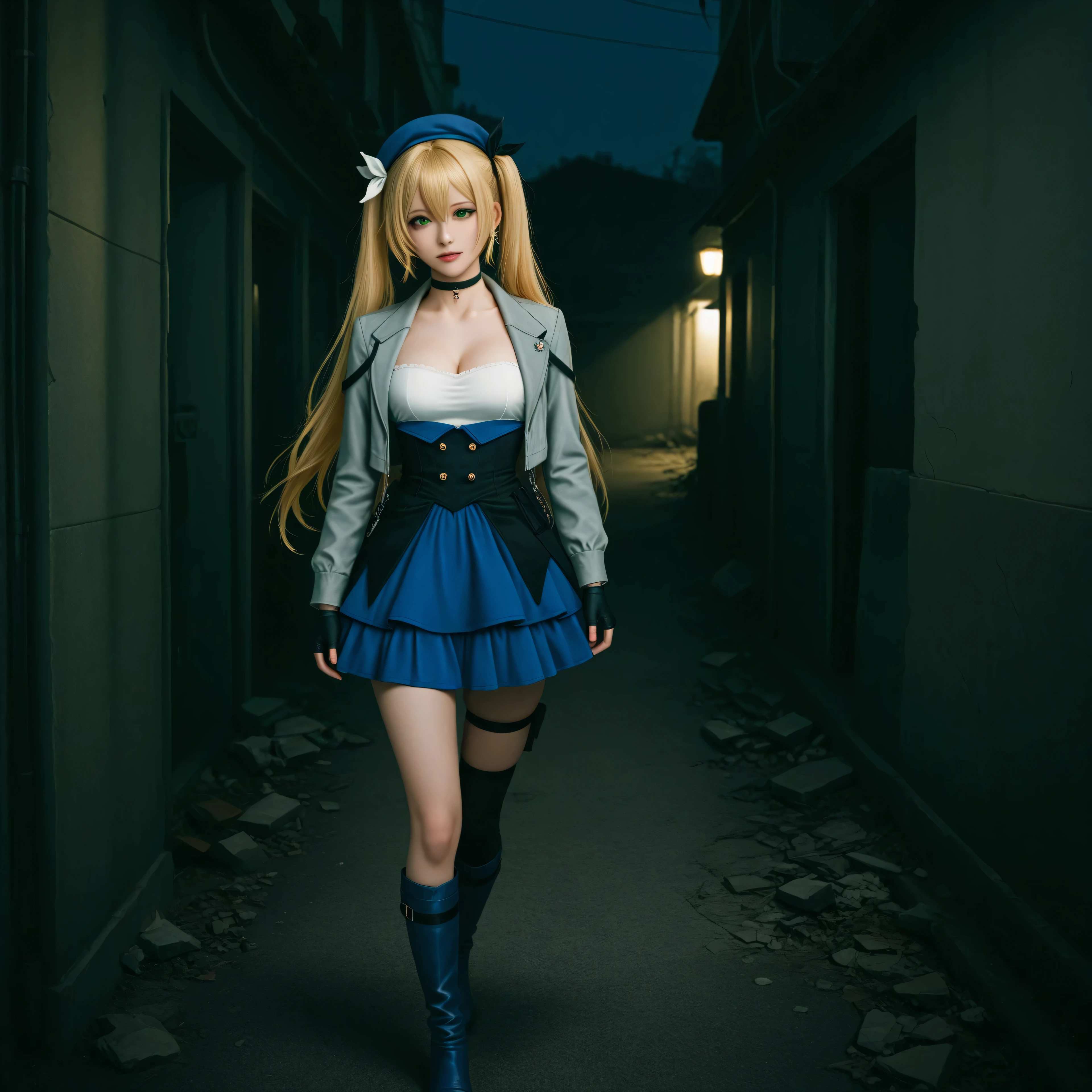 cinematic photo, (realistic, photorealistic:1.15), (masterpiece, best quality, newest, highres, absurdres:1), lazypos, back alley, night, night time, ruins, walking through building, 1girl, DokiNew, blonde hair, long hair, beret, twintails, bangs, green eyes, blue headwear, hair between eyes, fingerless gloves, grey jacket, black gloves, long sleeves, cleavage, blue skirt, hair ribbon, dress, open jacket, collarbone, choker, thigh strap, earrings, white shirt, single thighhighs, black ribbon, white ribbon, blue footwear, knee boots,