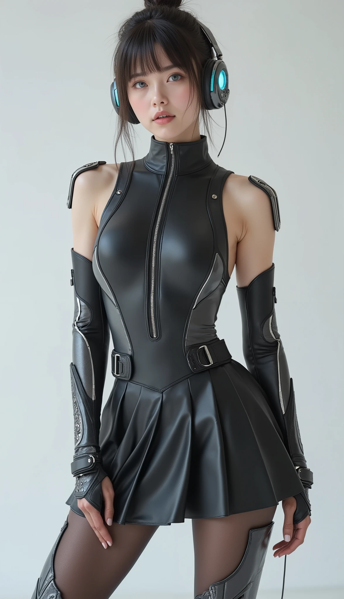 ((NSFW:0.05)),(((hyperrealistic photography:2))),((tender girl with tender and flirtatious look:2)),((realistic face:1.8)),((((The woman looks tender and flirtatious with German features:2)))),((very pretty and girl sensual girl with hair up)),((eyes are blue-green)),dressed in a futuristic neoprene and carbon fiber suit,((without neckline)),((without showing the skin from the neck down)),white background without shadows,white and blurred background,the clothing has cybernetic elements of carbon fiber shoulder pads with chrome edge and details in dark gray and black chrome,((girl with a very tender and cute face)),The young woman has a tender and flirtatious look, with dark hair in a bun hairstyle:2,(full neoprene bodysuit:2),(((The bodysuit has large and translucent symmetrical sections at the hips:2)),(((black leather pleated skirt at the knees:2)),((long black latex and neoprene stockings:2)),(partial black latex gloves with copper details and black chrome plastic),(((big and beautiful smile:2))),(futuristic headphones with lights and cables that connect the headphones to the girl's back:2),((long and athletic legs with black thigh-high boots:2)),((neoprene stockings under the skirt:2)),(without showing the skin from the neck down:1.9),(tender and flirtatious look:2),(the headphones have a partially transparent plastic bezel and digital elements),((stylish costume from the movie "TRON LEGACY":1.4)), (((beautiful smile with perfect teeth:2))),(((beautiful and small breasts:2))),(((small breasts flattened by tight clothing:2))),(((breasts with little projection but with well-defined nipples:2))),((big butt:1.9)),((big hips:1.7)),((thick and athletic legs:1.8)),futuristic dark gray and black elements on the leather boots black,((varied posture but always looking at the camera:2)),((knee-up framing:2)),(((background solid white:2))).