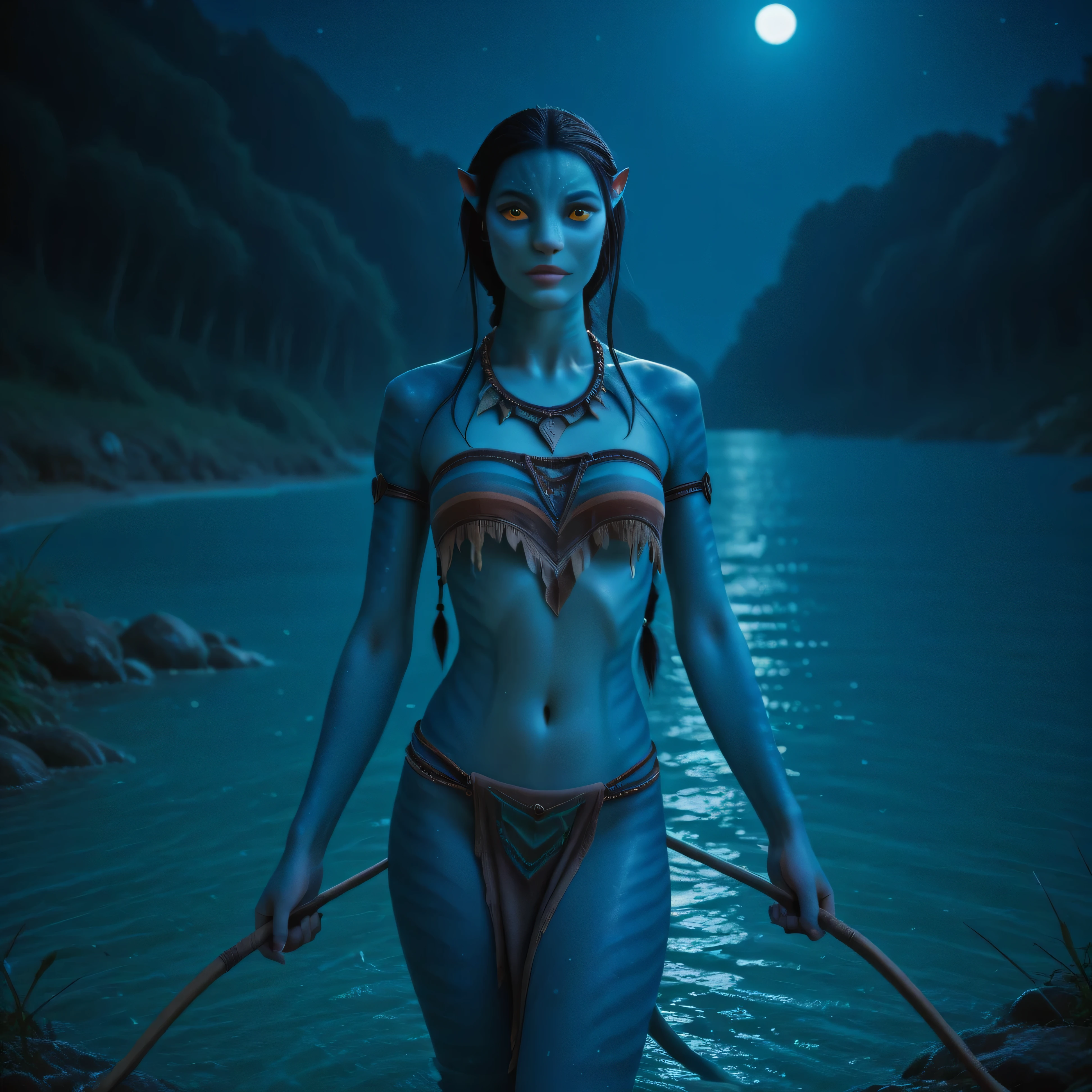 cinematic photo, (realistic, photorealistic:1.15), (masterpiece, best quality, newest, highres, absurdres:1), lazypos, masterpiece, high contrast, vibrant colors, high contrast, at beach, night, night time, in swamp, blue trees, pink trees, bioluminescent, 1girl, solo, Na'vi, very tall female, colored skin, striped blue skin, pointy ears, yellow eyes, skimpy tribal outfit, beads, looking down at viewer, confused, holding bow and arrow,