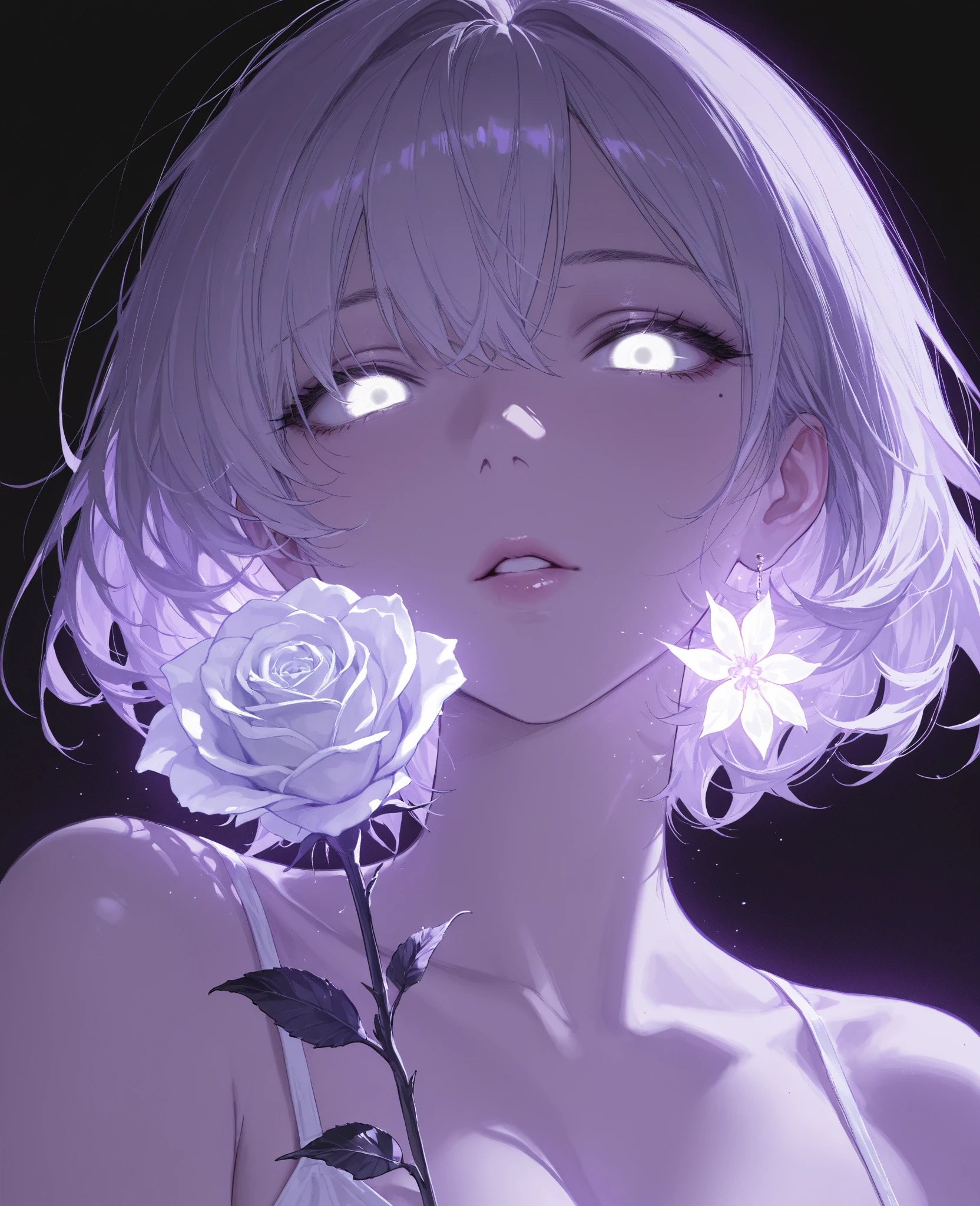 (fundo branco:1.4),(Silhouette of a girl's head, olhos fechados, cabelo longo branco, ), olhos cinzentos brilhantes, flores no cabelo,( design inteligente, sharp lines, Alta nitidez,Maximum quality, Muito detalhado, obra de arte, lighting effects in cinema, 4K )pure fundo branco